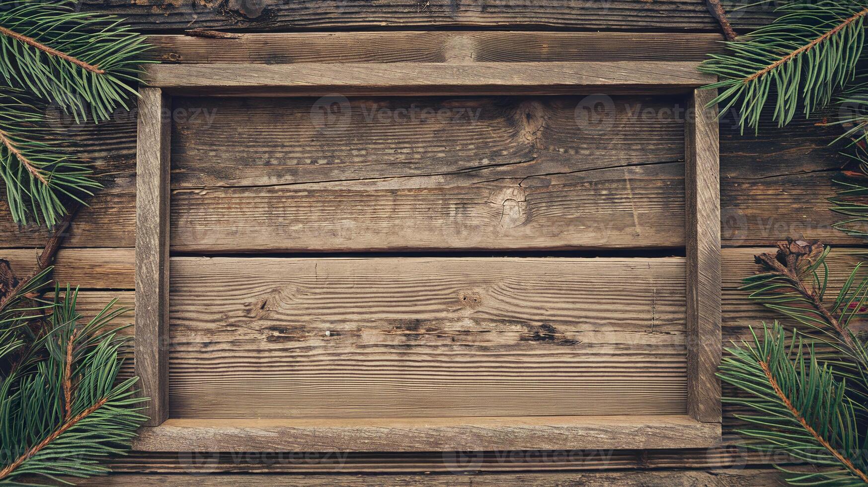 Rustic Wooden Frame with Pine Tree Branches on Weathered Wood Background Representing Nature Seasonal Decor photo