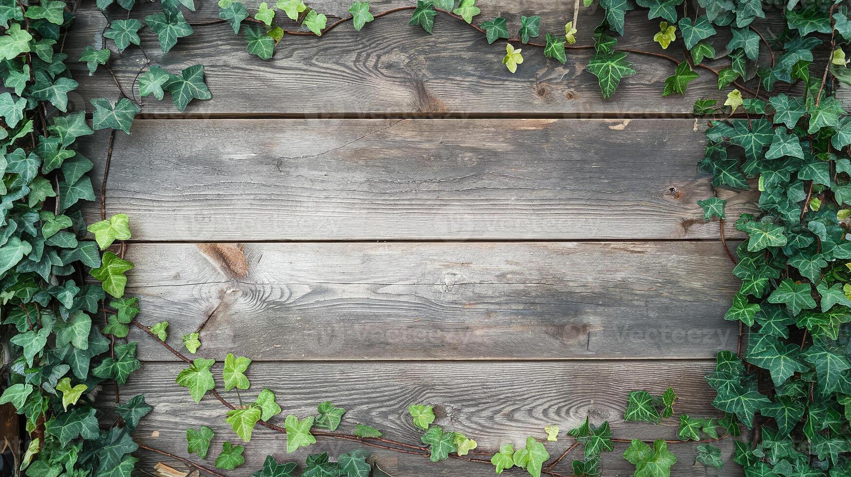 Rustic Wooden Background with Ivy Leaves Border Featuring Green Natural Design Elements photo