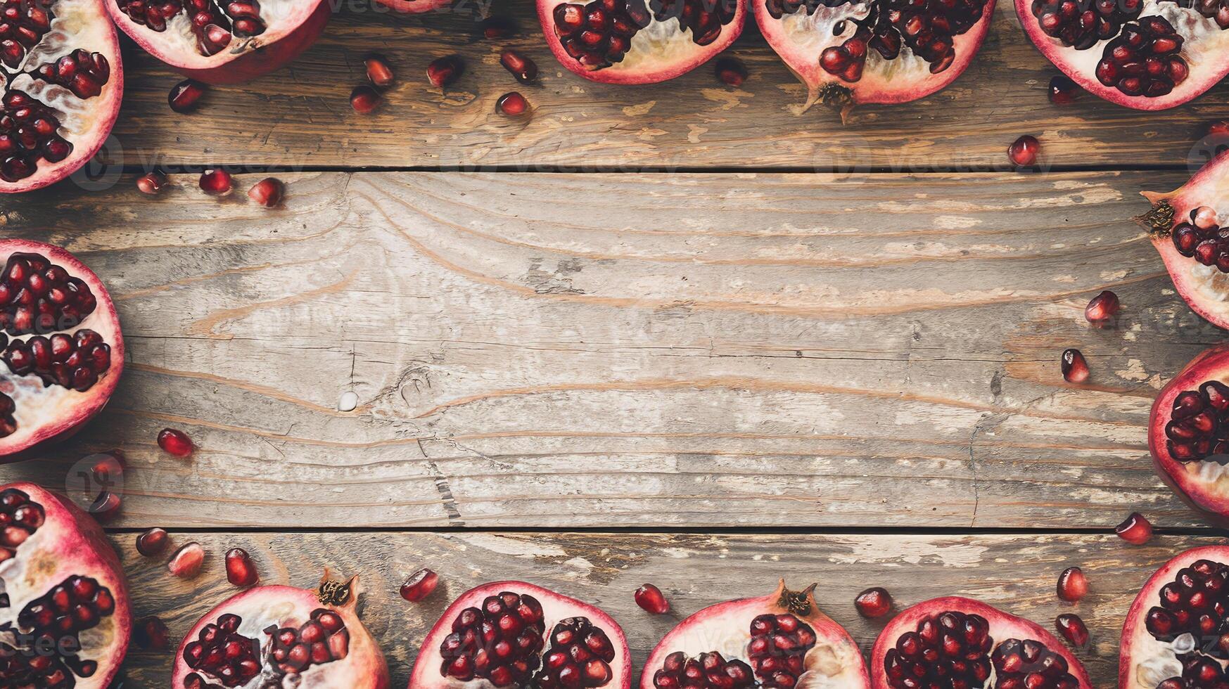 Pomegranate Halves With Red Seeds Arranged on Rustic Wooden Background for Natural Food Concepts photo
