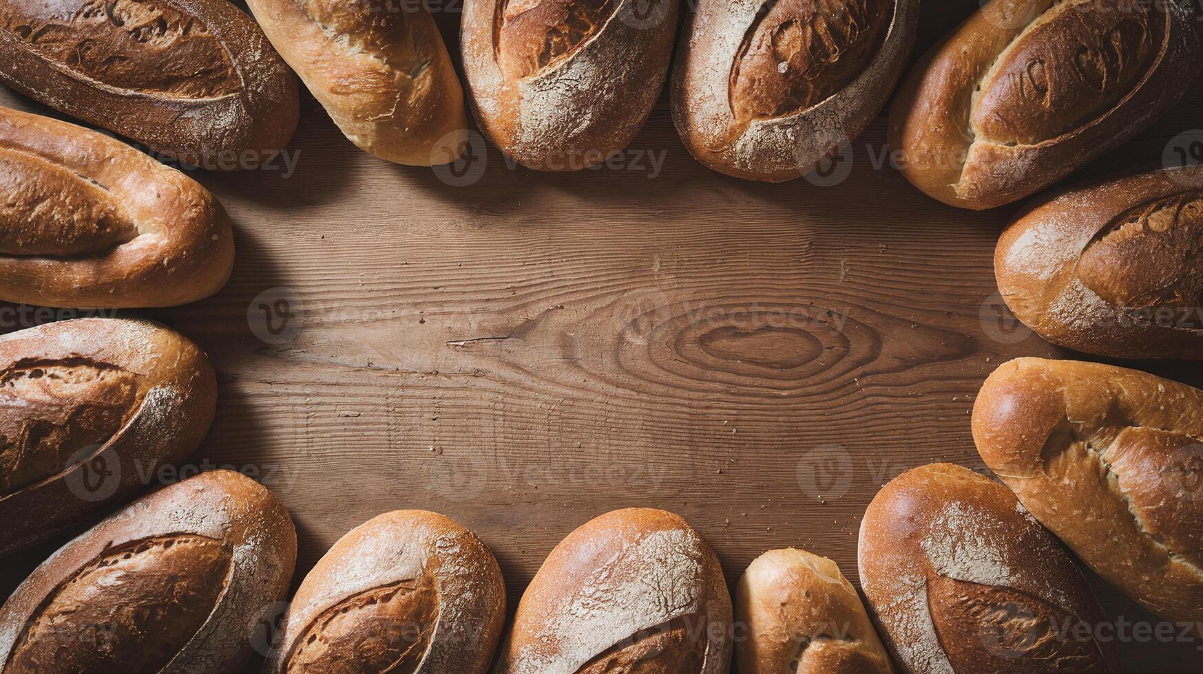 Freshly Baked Rustic Bread Loaves Arranged in Circular Pattern on Wooden Table Background photo