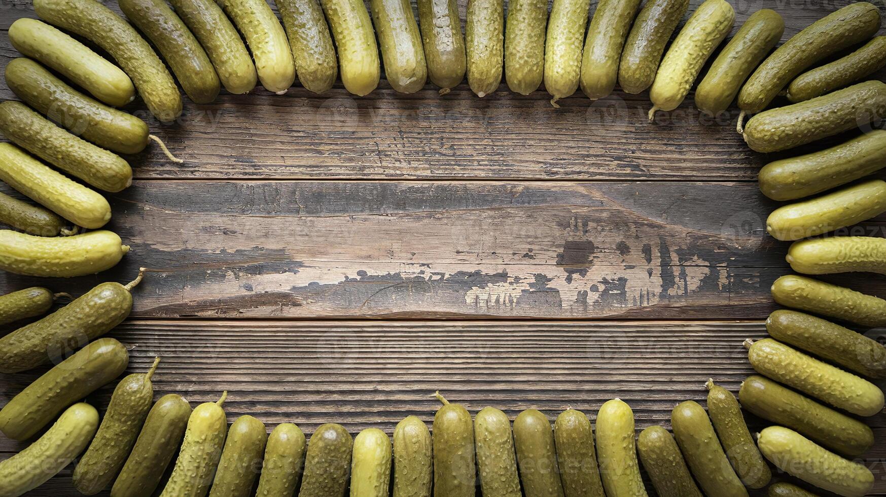 Pickled Cucumbers Arranged in Oval Shape on Rustic Wooden Background for Food and Culinary Themes photo