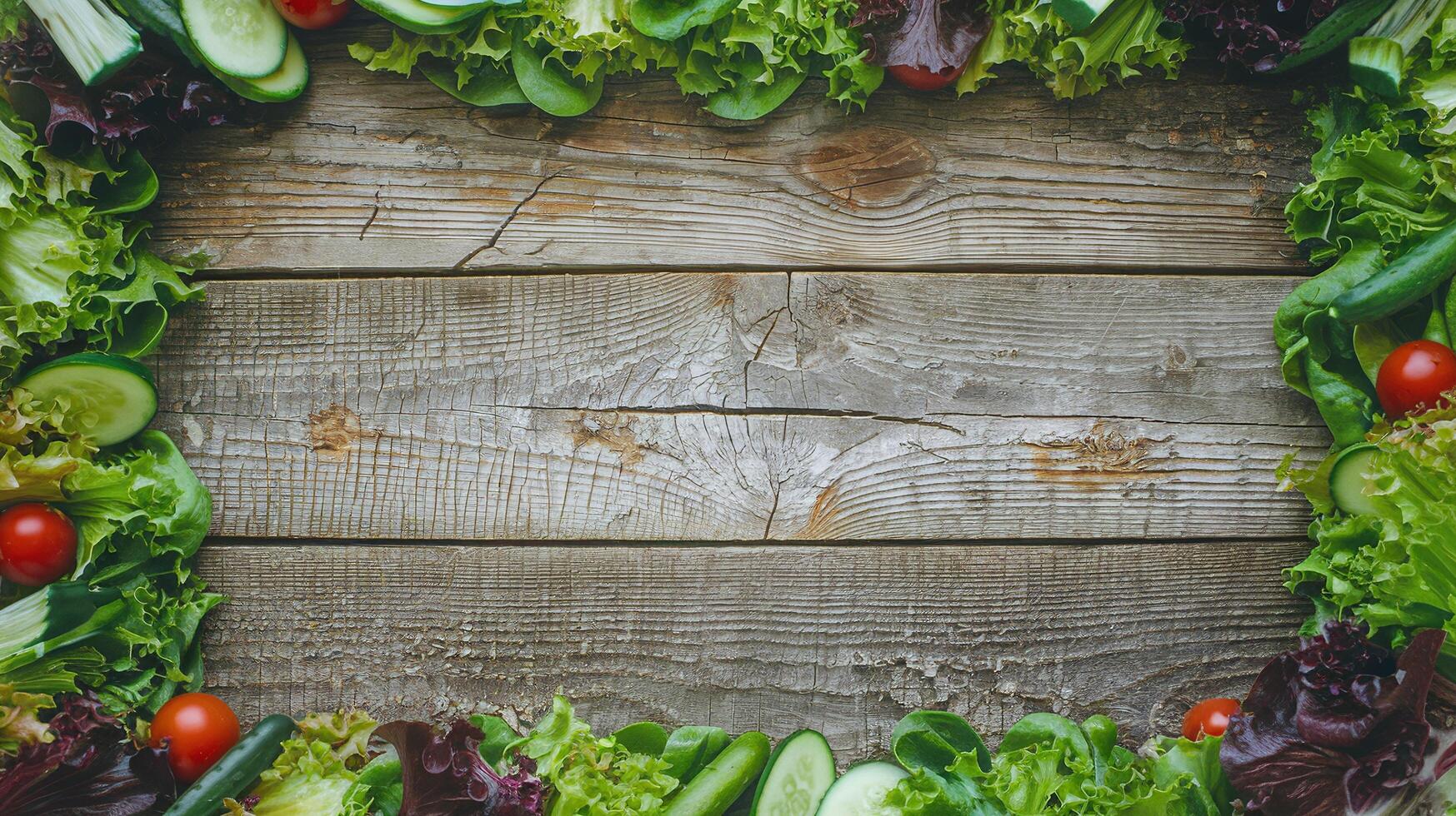 Fresh Vegetables and Green Lettuce Frame on Rustic Wooden Table Background for Healthy Diet Concepts photo