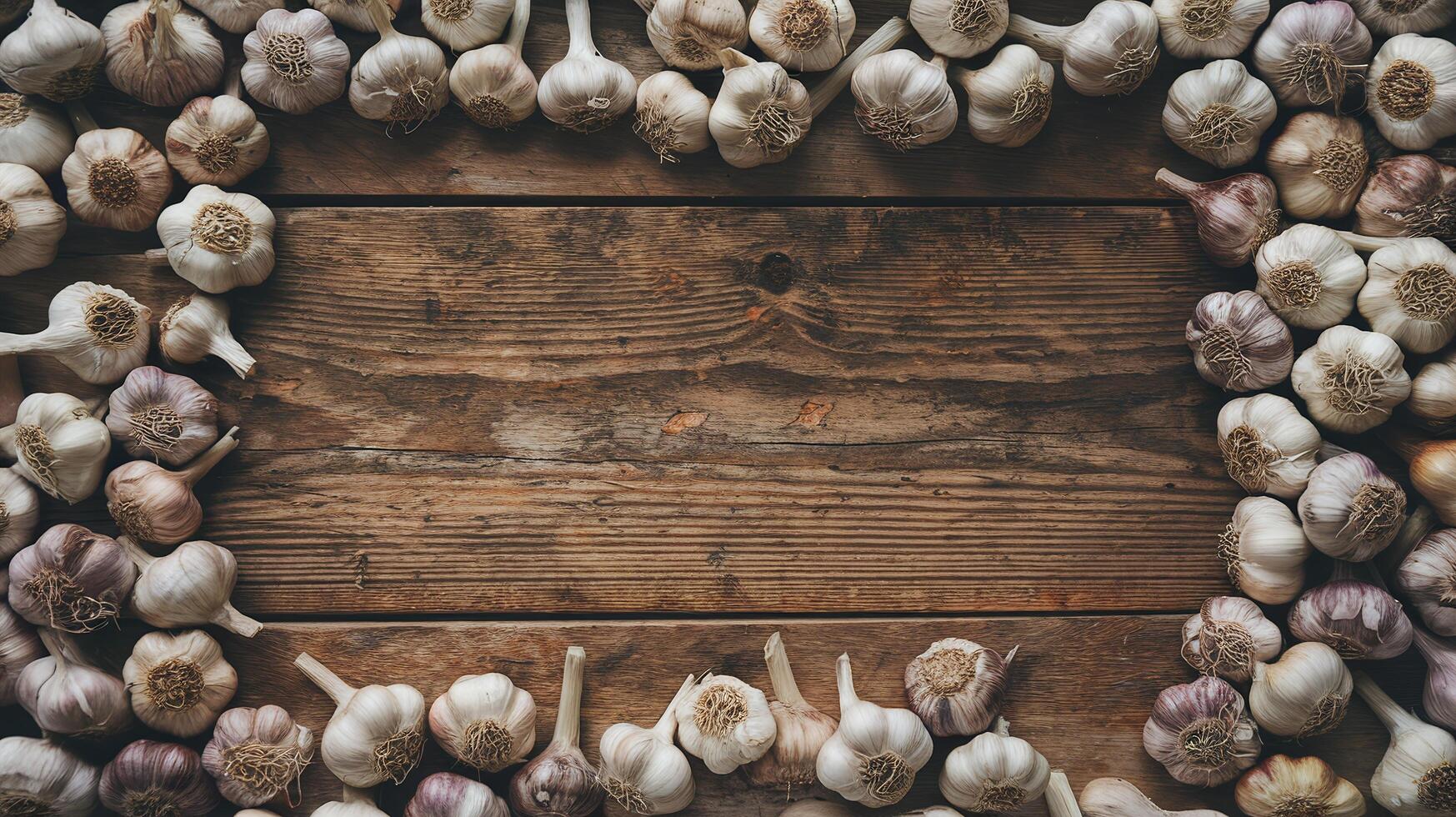 Fresh Whole Garlic Bulbs Arranged in Circular Frame on Rustic Aged Wooden Background photo