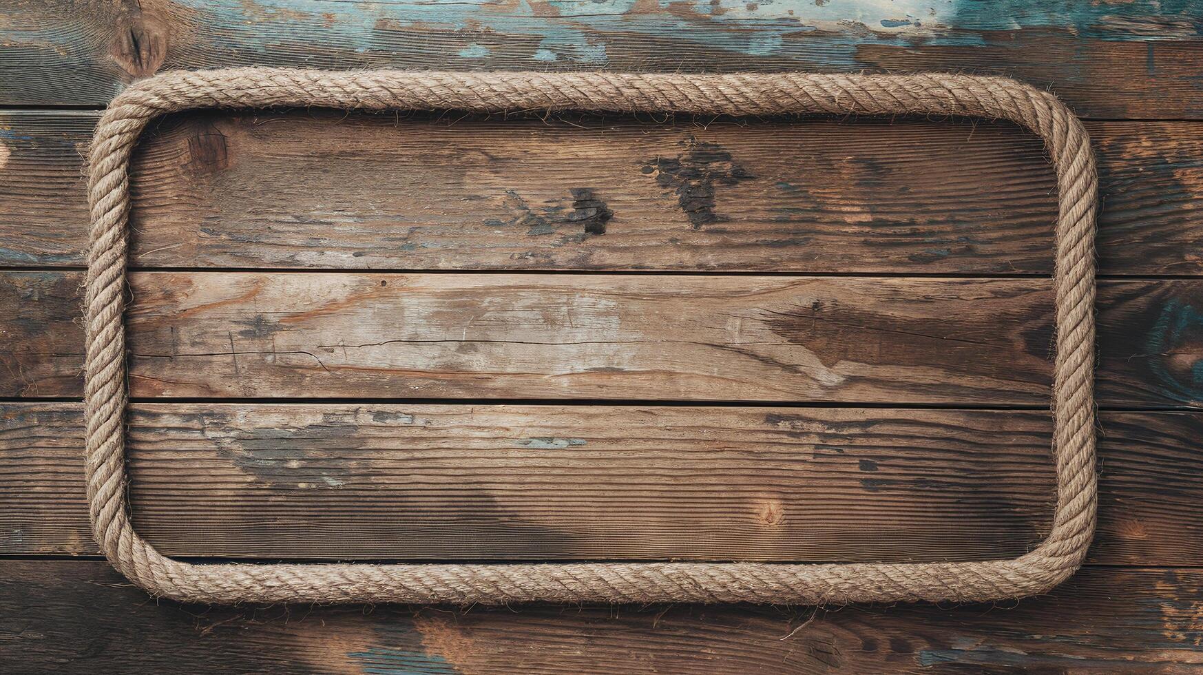Rustic Wooden Background Framed with Nautical Rope on Weathered Wood with Natural Patterns photo
