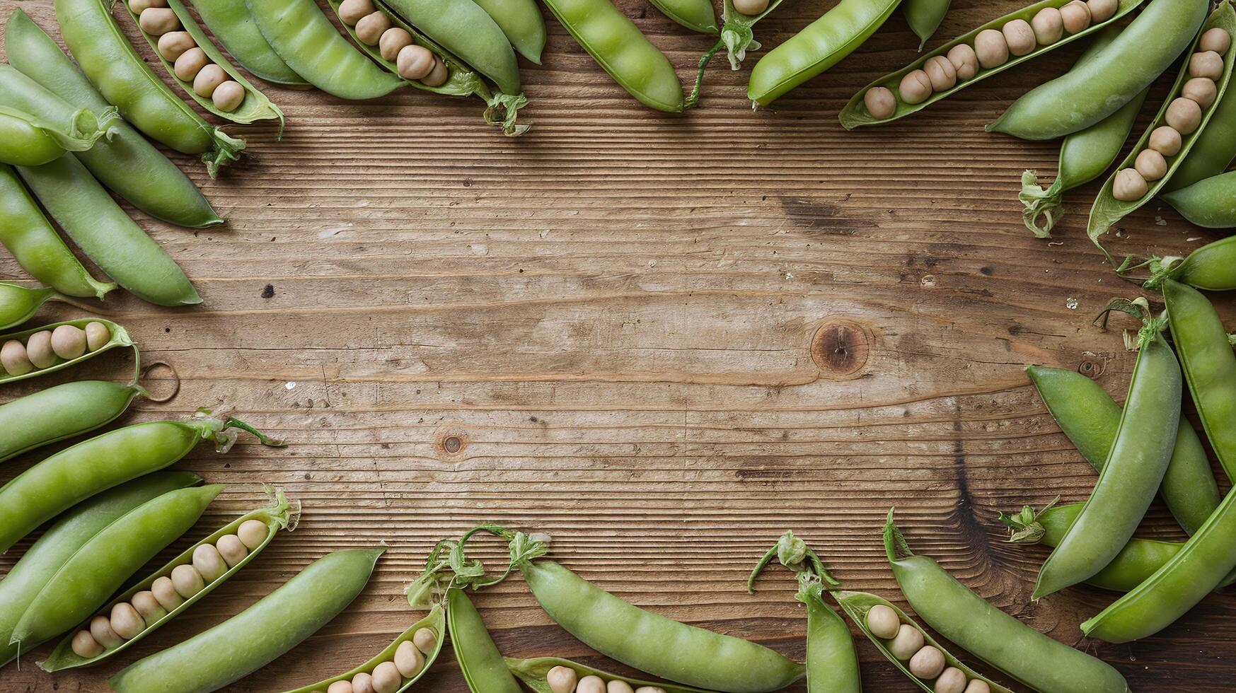 Fresh Green Peas in Opened Pods Arranged in Circular Pattern on Rustic Wooden Table Background photo