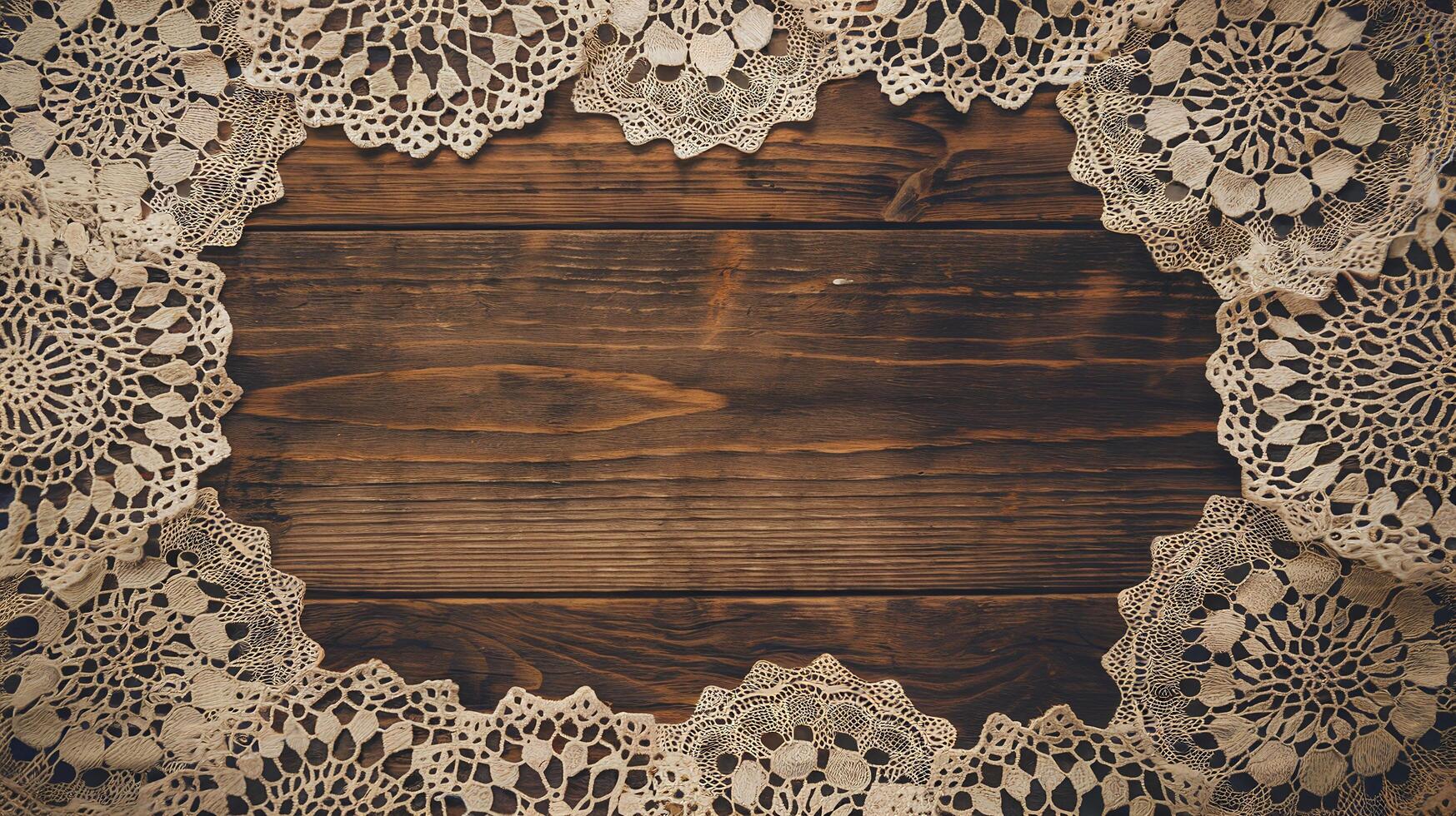 Vintage Rustic Wooden Background with Beige Lace Doilies in Corner Decoration Pattern photo