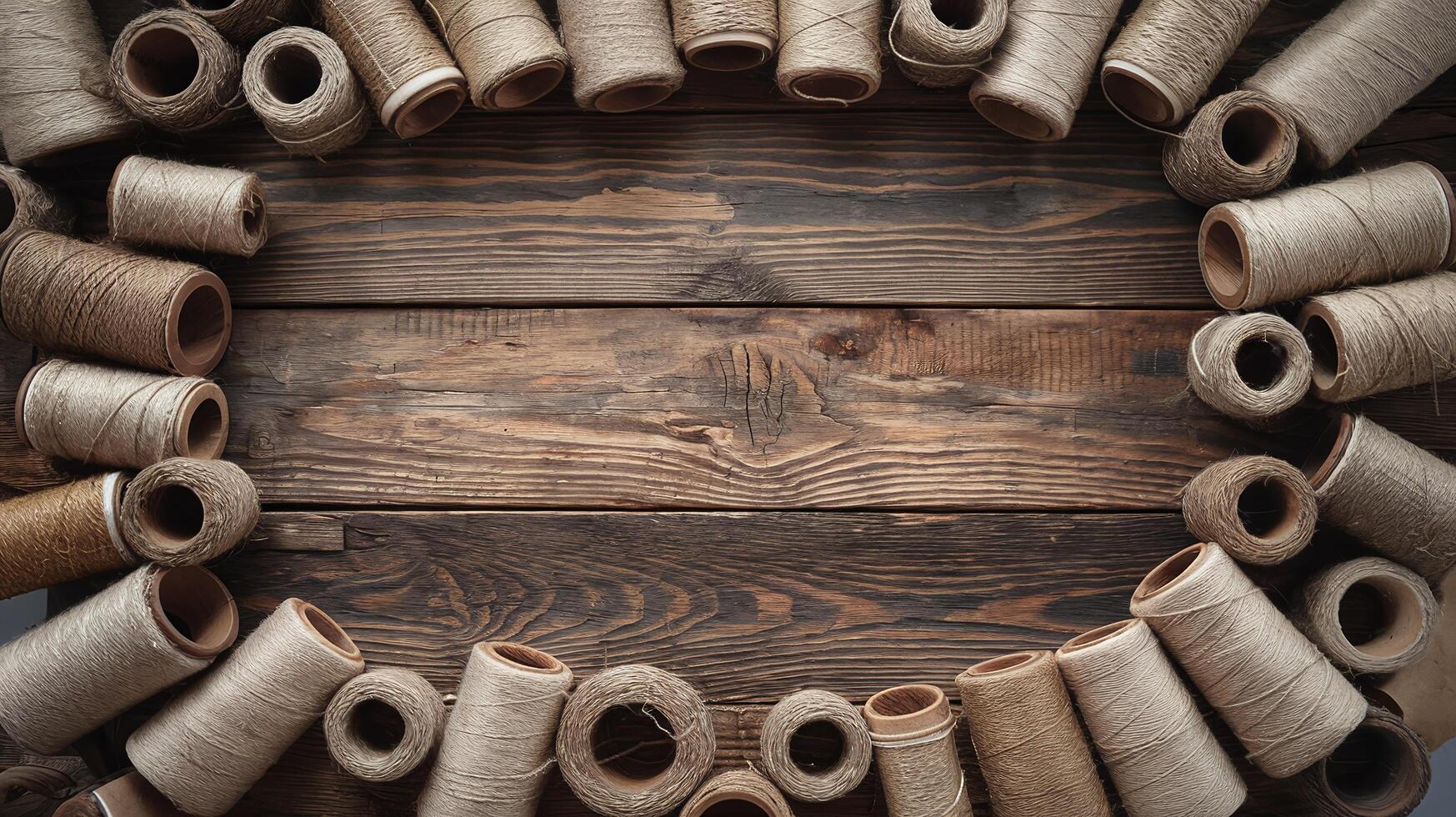 Rustic Wooden Background Surrounded by Brown Jute Rope Rolls in Circular Arrangement photo