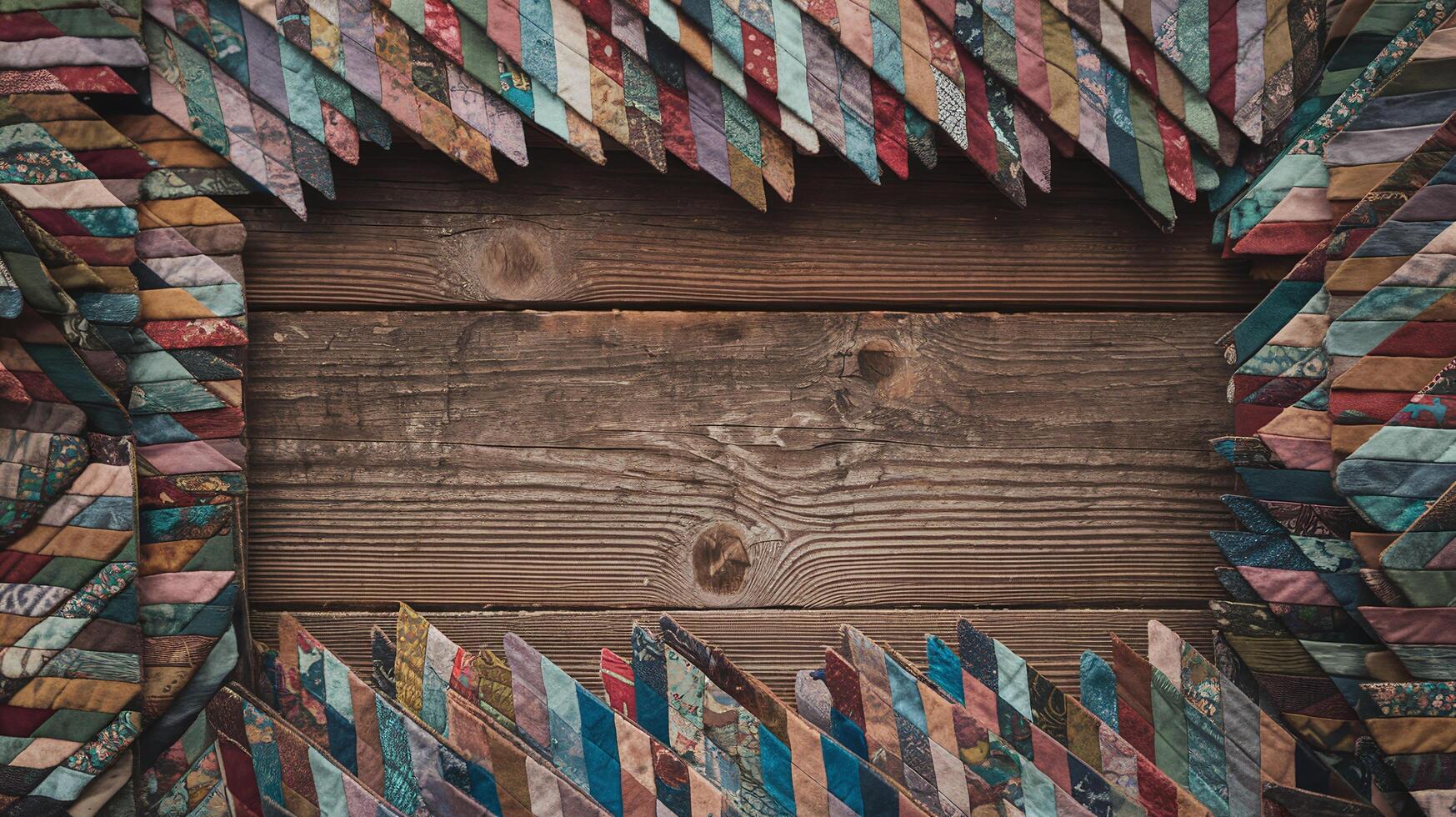 Rustic Wooden Background Framed by Multicolored Quilted Fabric Pieces in Chevron Pattern photo