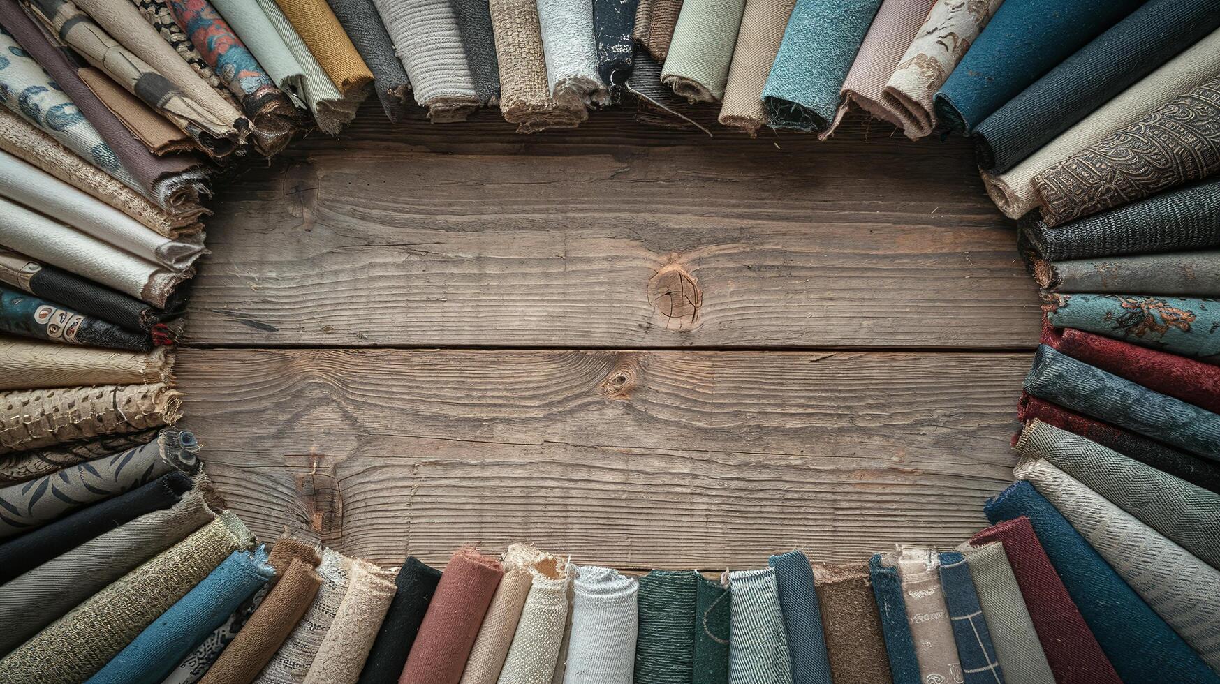 Colorful Textile Fabric Samples Arranged in Circle on Rustic Wooden Background for Design Inspiration photo