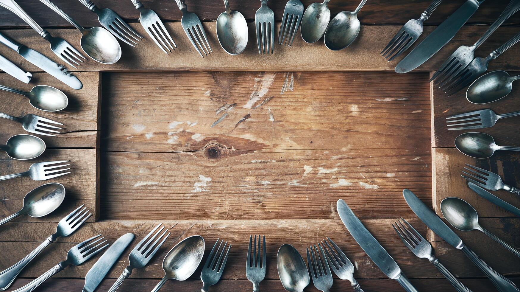 Vintage Silverware Arranged in Circle on Rustic Wooden Background for Dining Concept photo