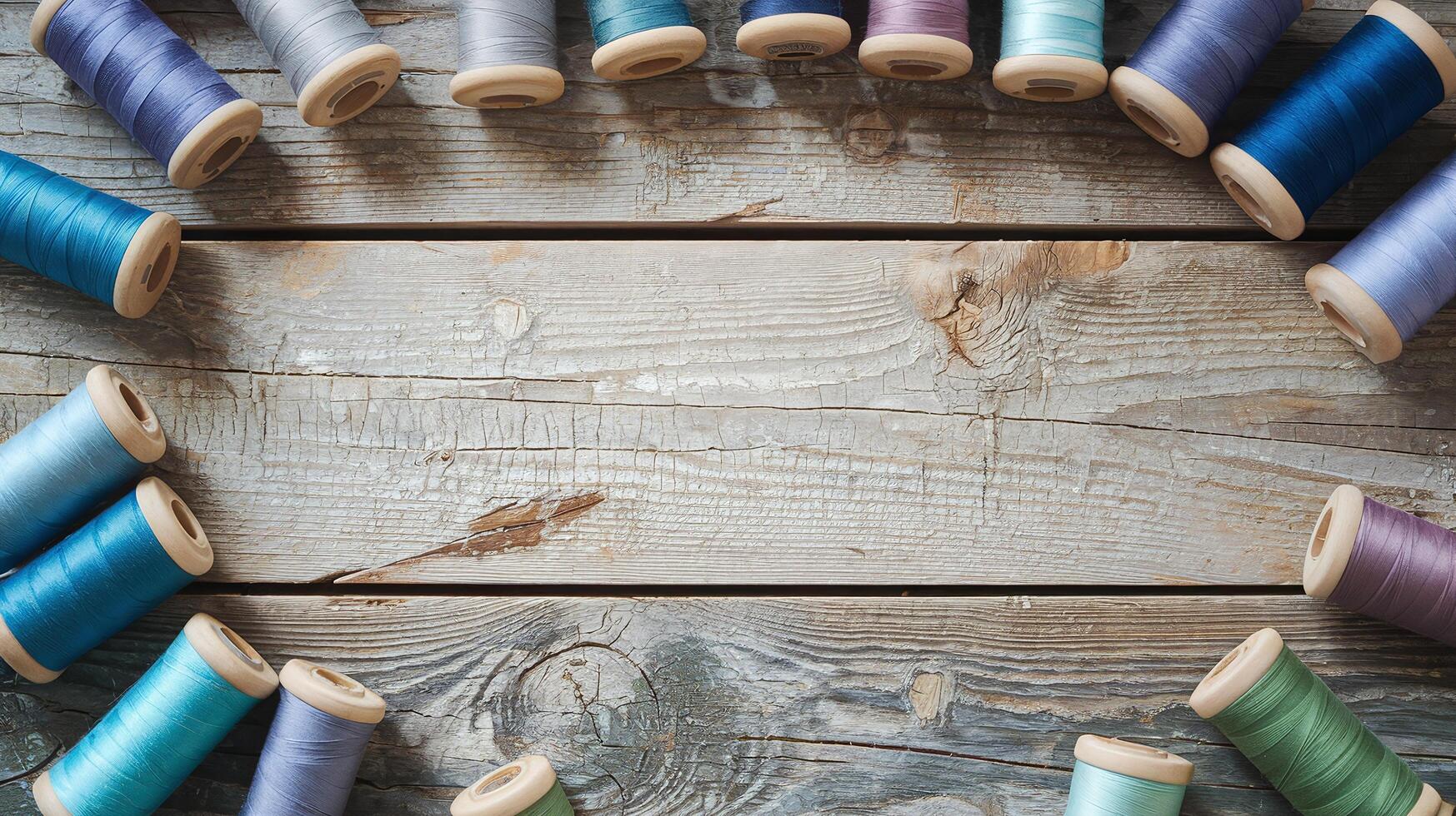 Spools of Multicolored Thread on Rustic Wooden Background for Sewing and Craft Projects photo