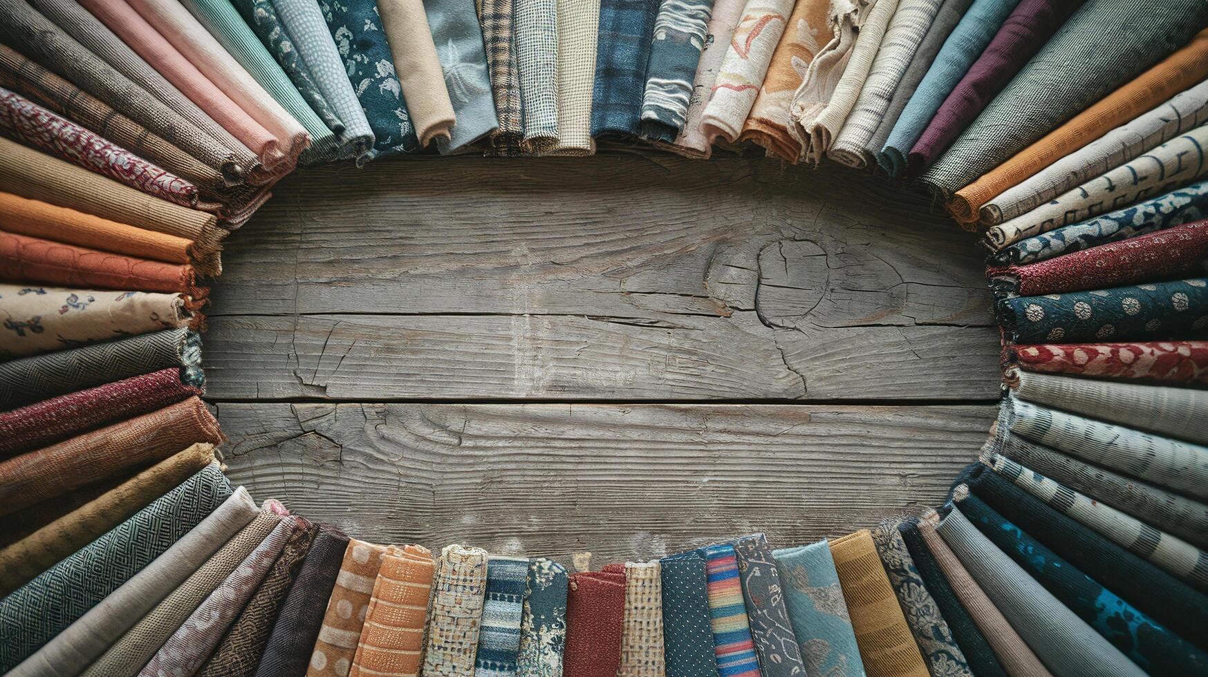 Collection of Folded Assorted Patterned Fabric Swatches on Rustic Wooden Background in Earth Tone Colors photo