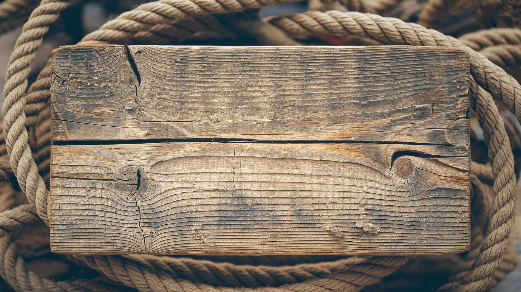 Rustic Weathered Wooden Plank with Nautical Rope Background Close-Up for Marine Themes photo