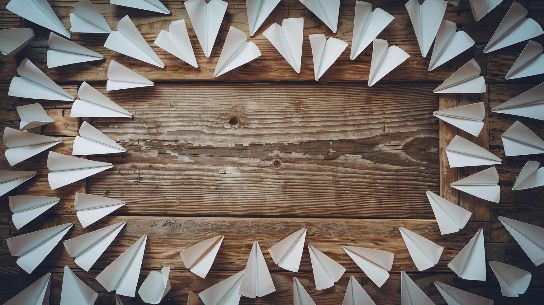 Wooden Table Surrounded by White Origami Paper Planes Arranged in Circular Formation photo