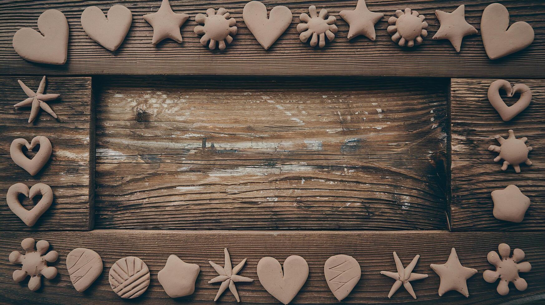 Clay Craft Frame with Handmade Shapes on Rustic Wooden Table Artistic Boho Creative Background photo