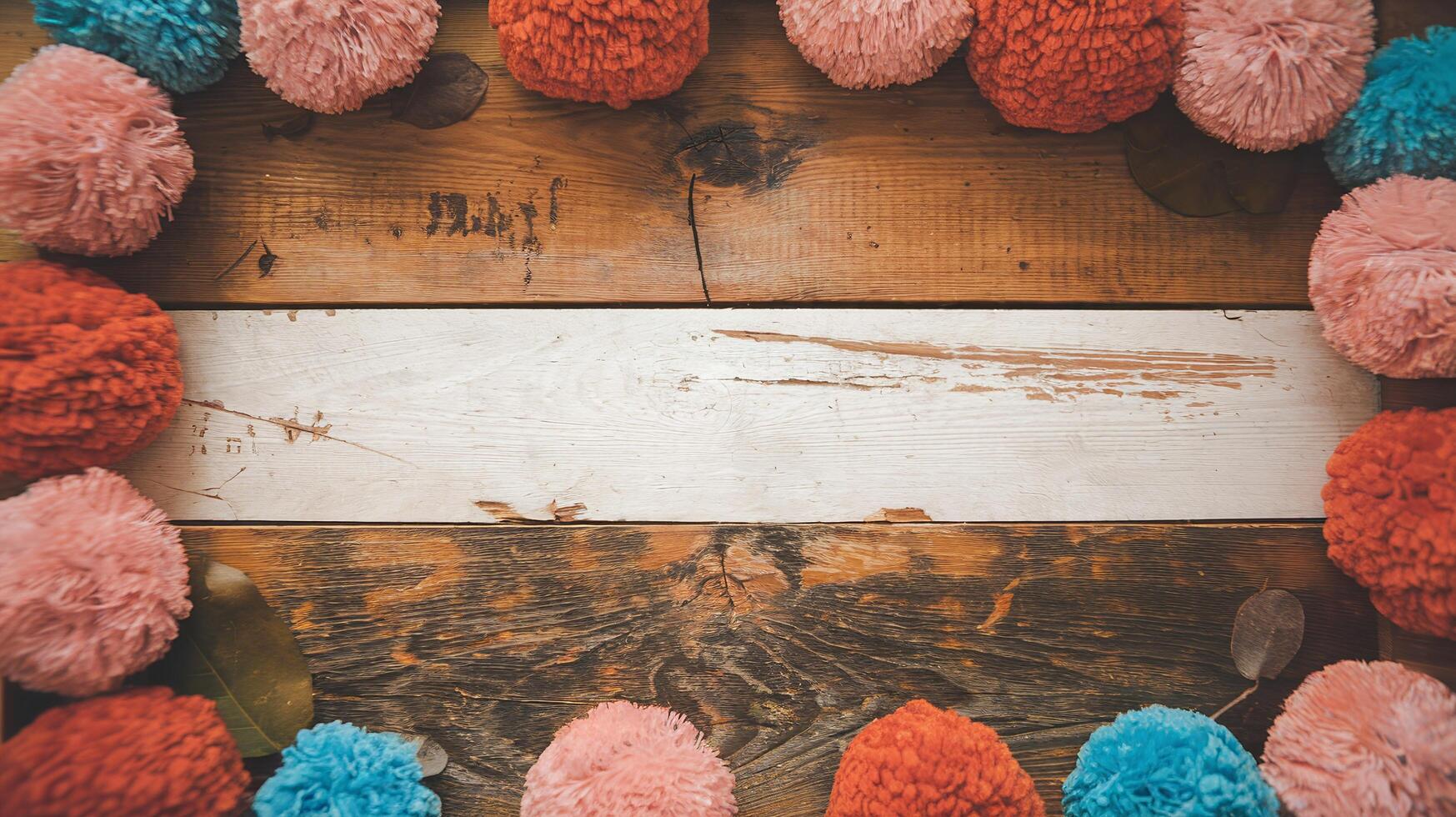 Rustic Wooden Table Background with Bright Red Blue and Pink Yarn Pom Poms in Circular Border photo