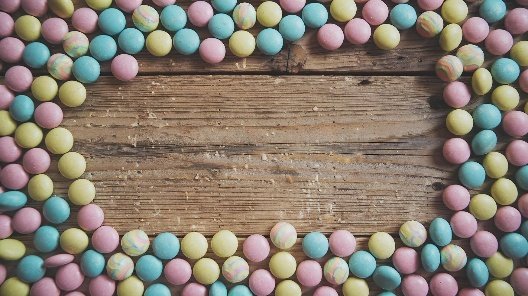 Multicolored Candy Frame on Rustic Wooden Surface with Empty Space Centered for Text or Design photo