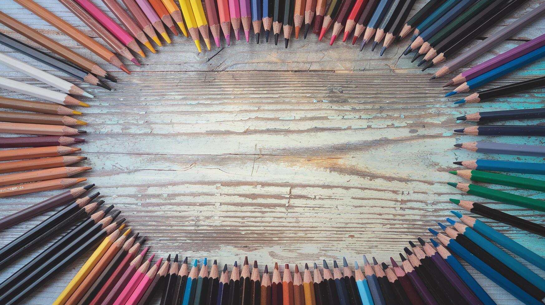 Arrangement of Multicolored Pencils Forming Oval Shape on Rustic Wooden Background for Art Concept photo