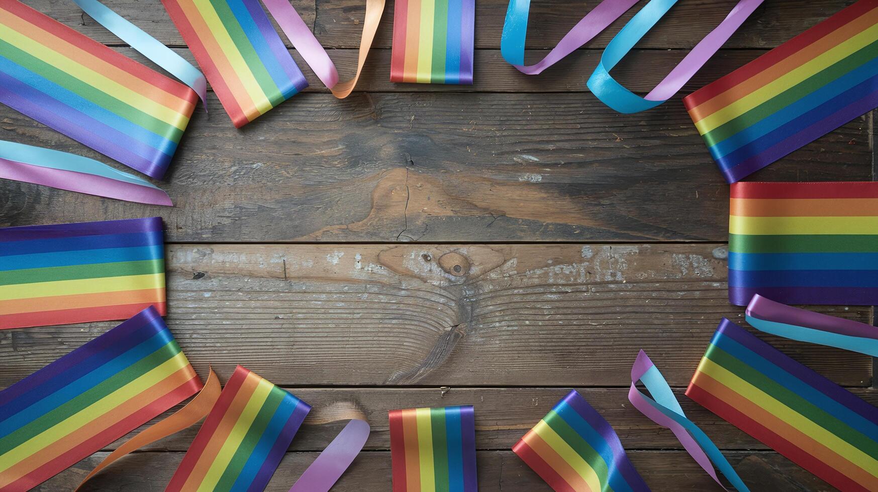 LGBTQ Rainbow Pride Ribbons Arranged on Rustic Wooden Table Celebrating Diversity and Inclusion photo
