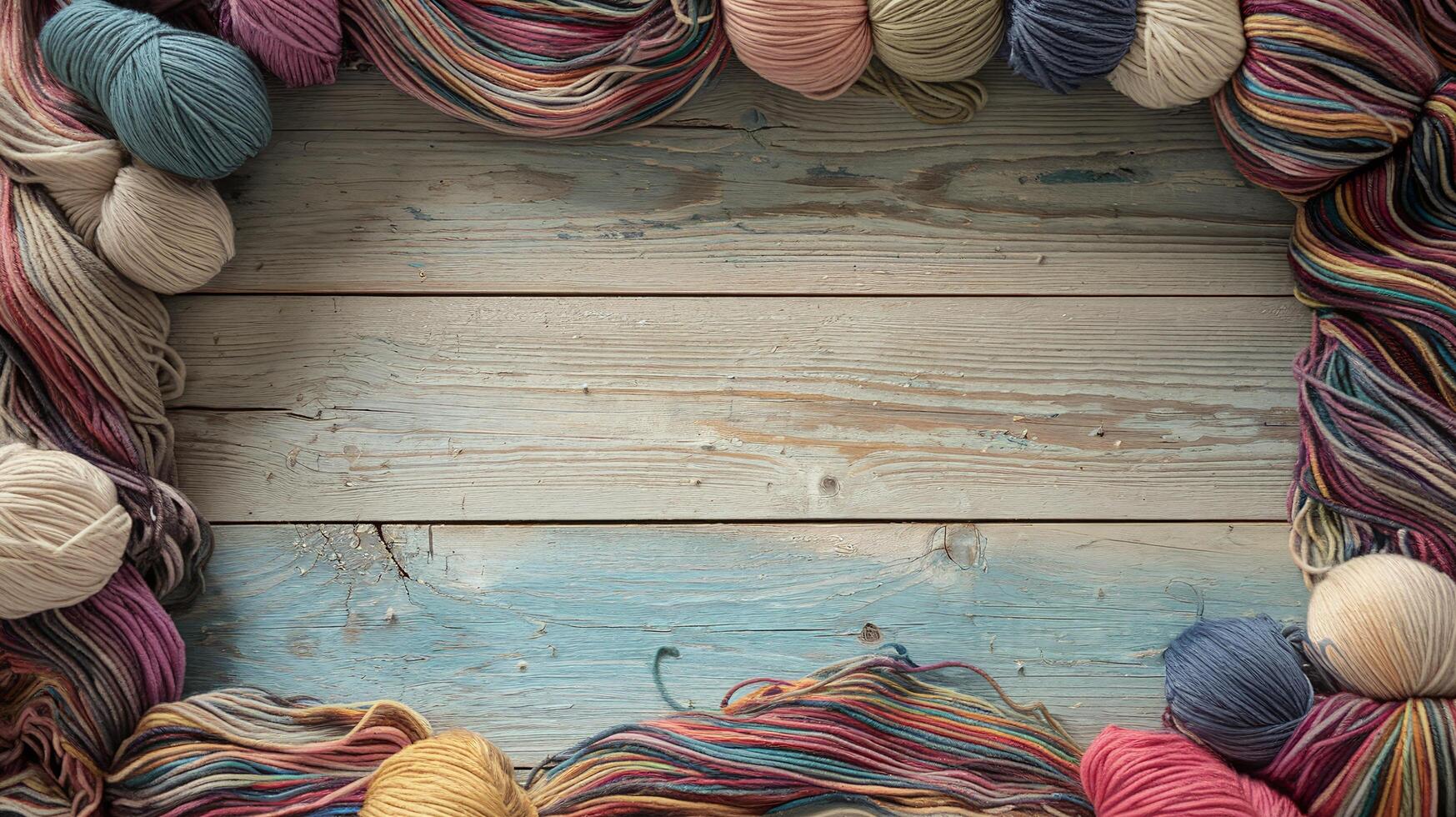 Colorful Yarn Skeins Frame on Rustic Wood Background Crafting and Knitting Materials Display photo