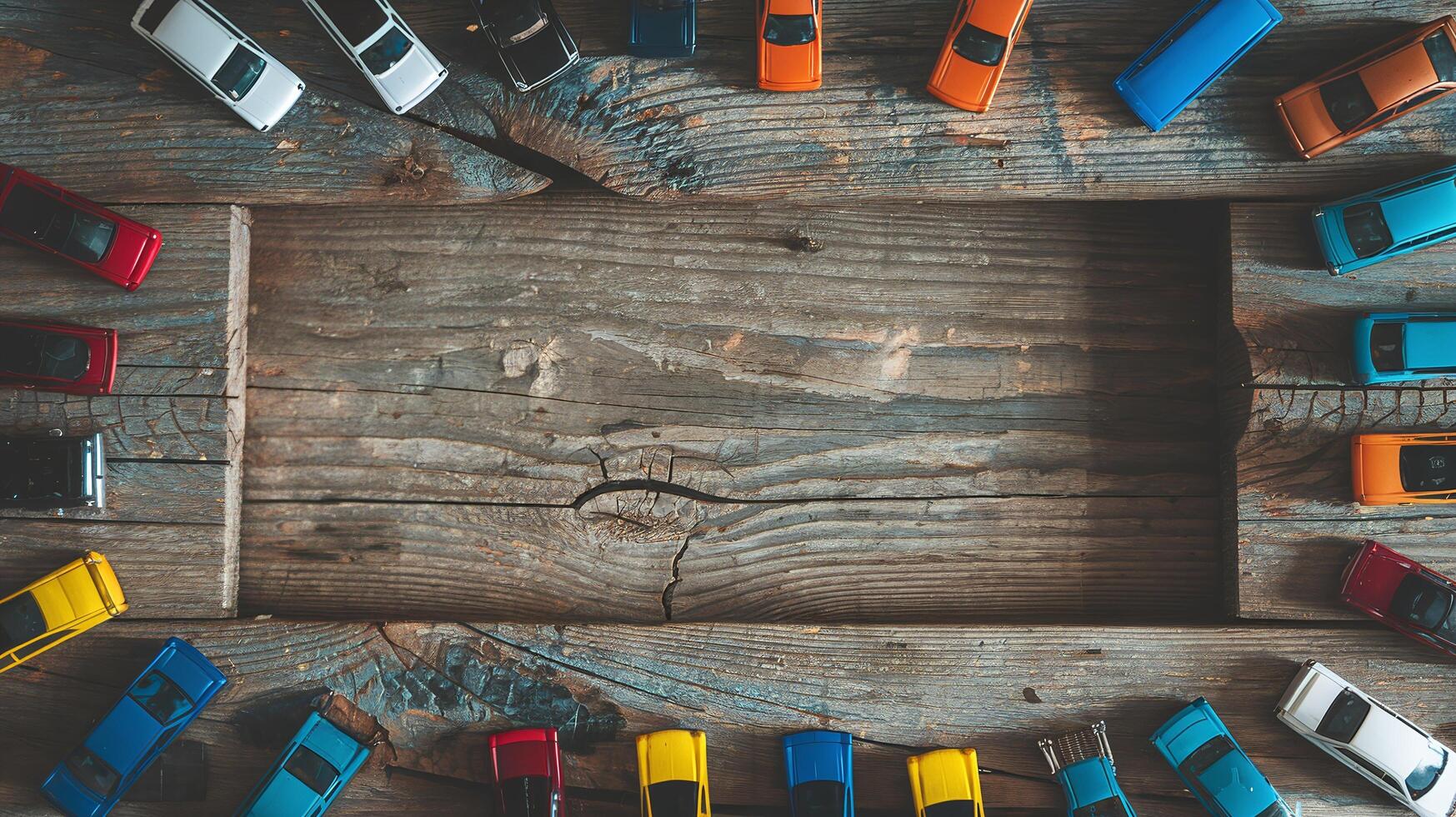 Miniature Colorful Toy Cars Framed on Rustic Wooden Surface with Natural Textures and Empty Center Space photo