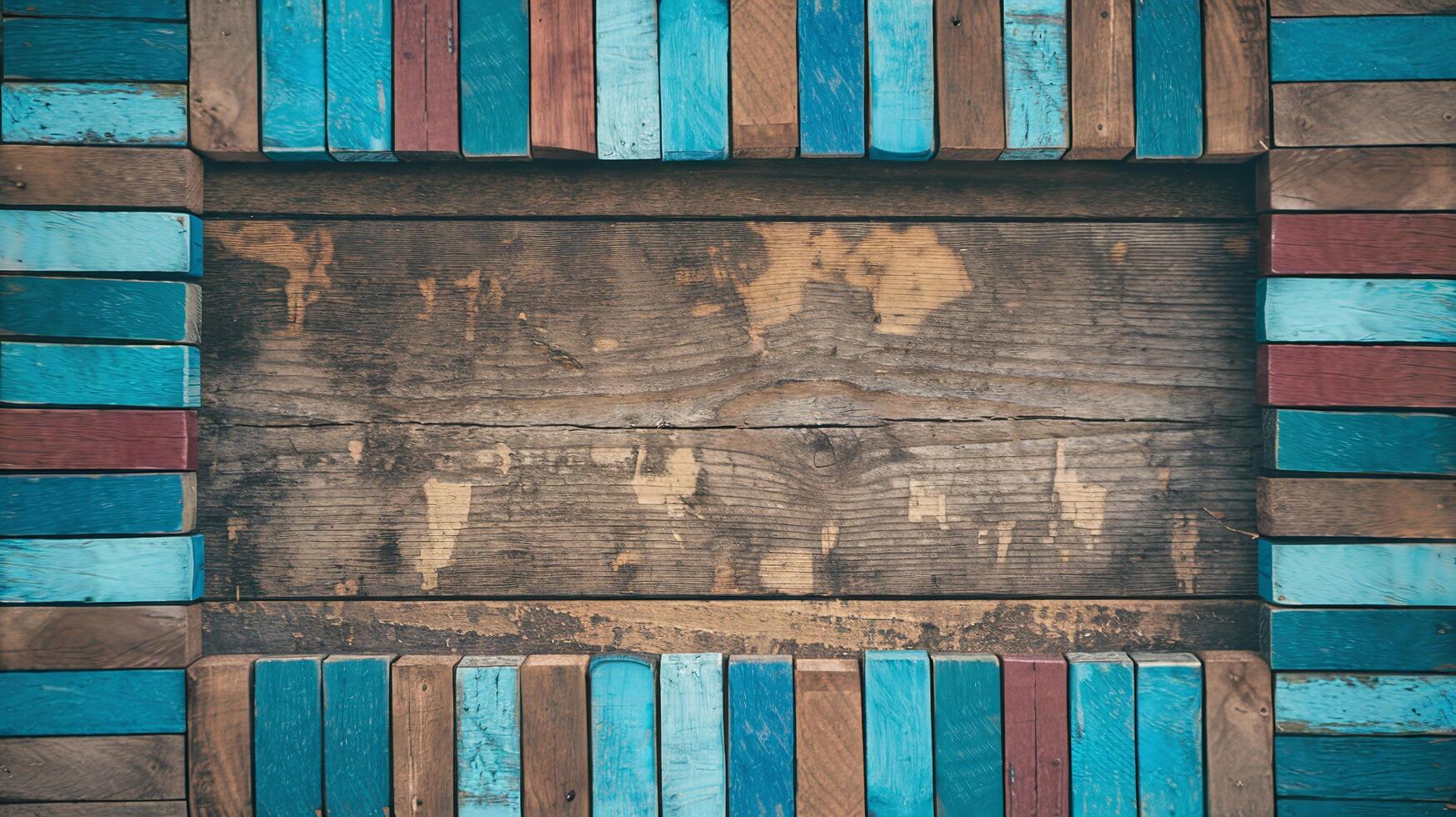 Rustic Wooden Background Surrounded by Blue and Red Painted Wooden Planks in a Frame Design photo