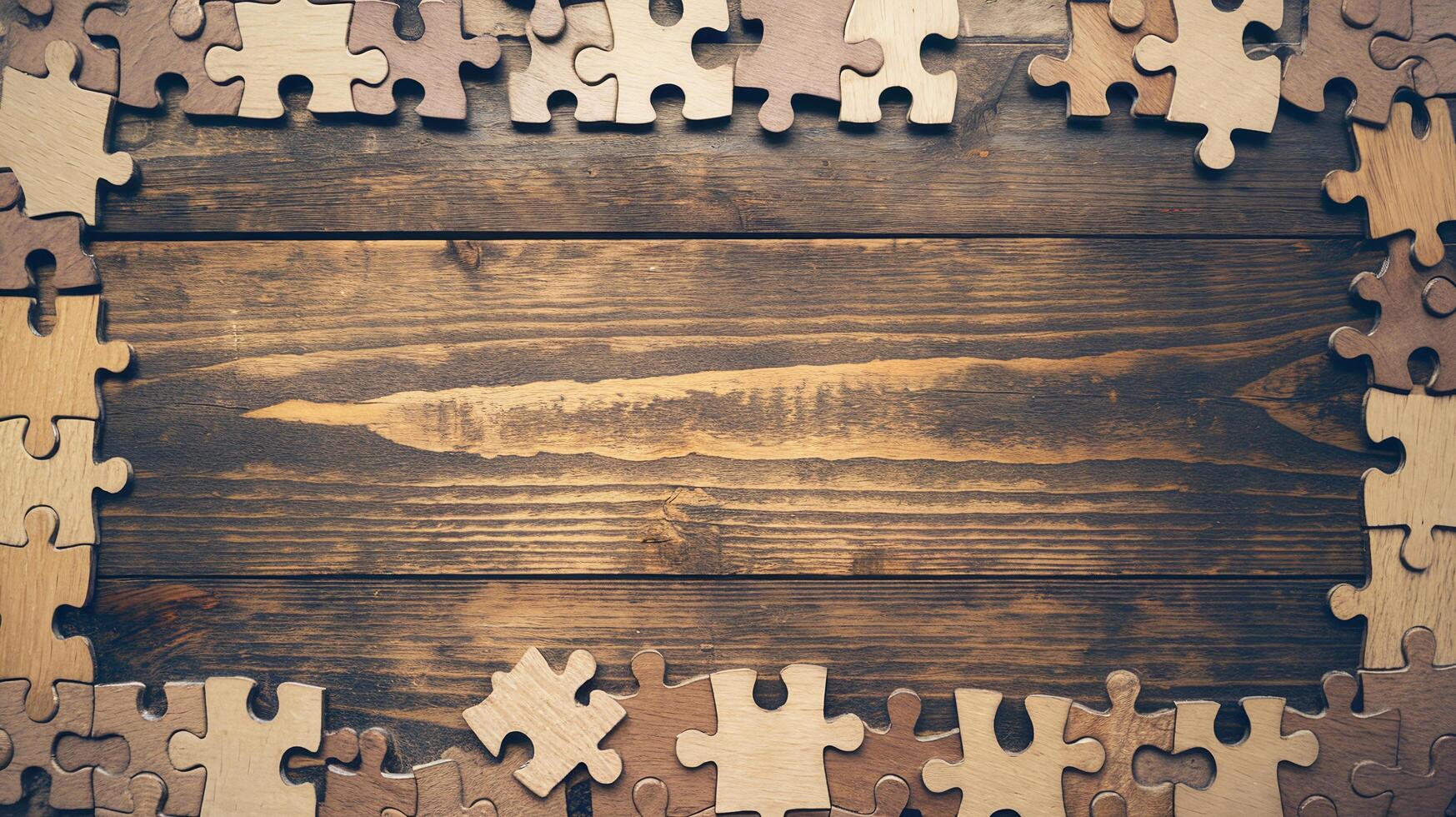 Wooden Puzzle Pieces Forming Border on Rustic Brown Wooden Background Symbolizing Problem Solving photo