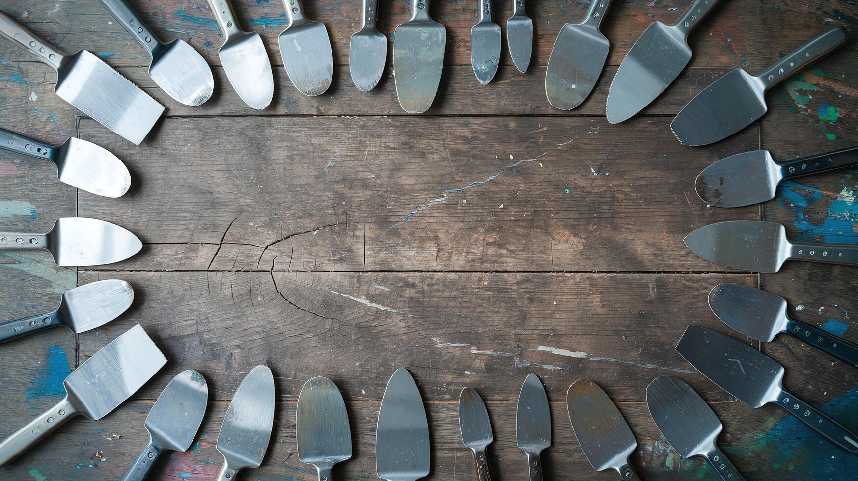 Arrangement of kitchen knives and utensils on rustic wooden surface for culinary presentation concept photo
