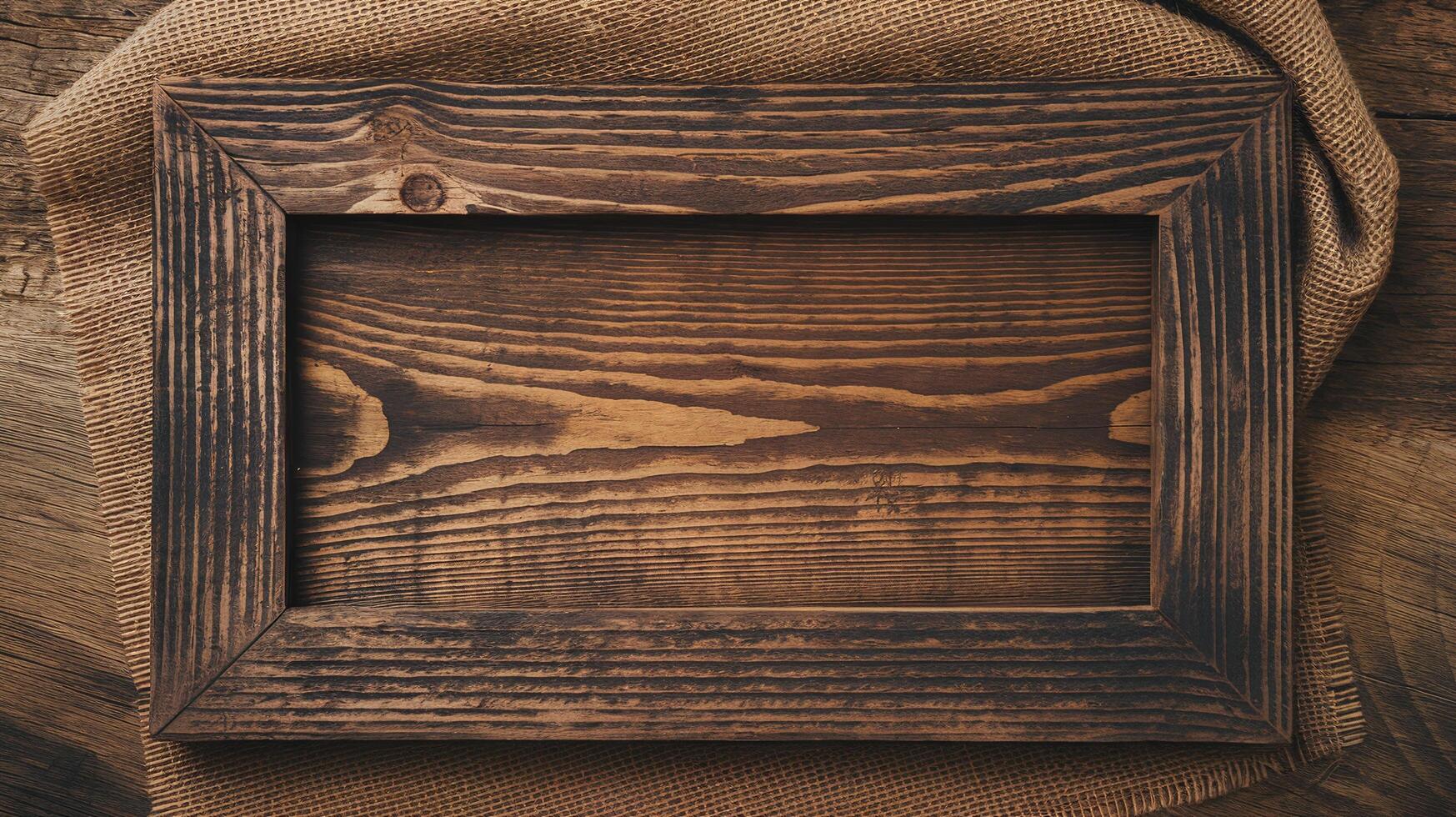 Rustic Wooden Frame with Burnt Grain Texture on Burlap Fabric and Wooden Surface Background photo