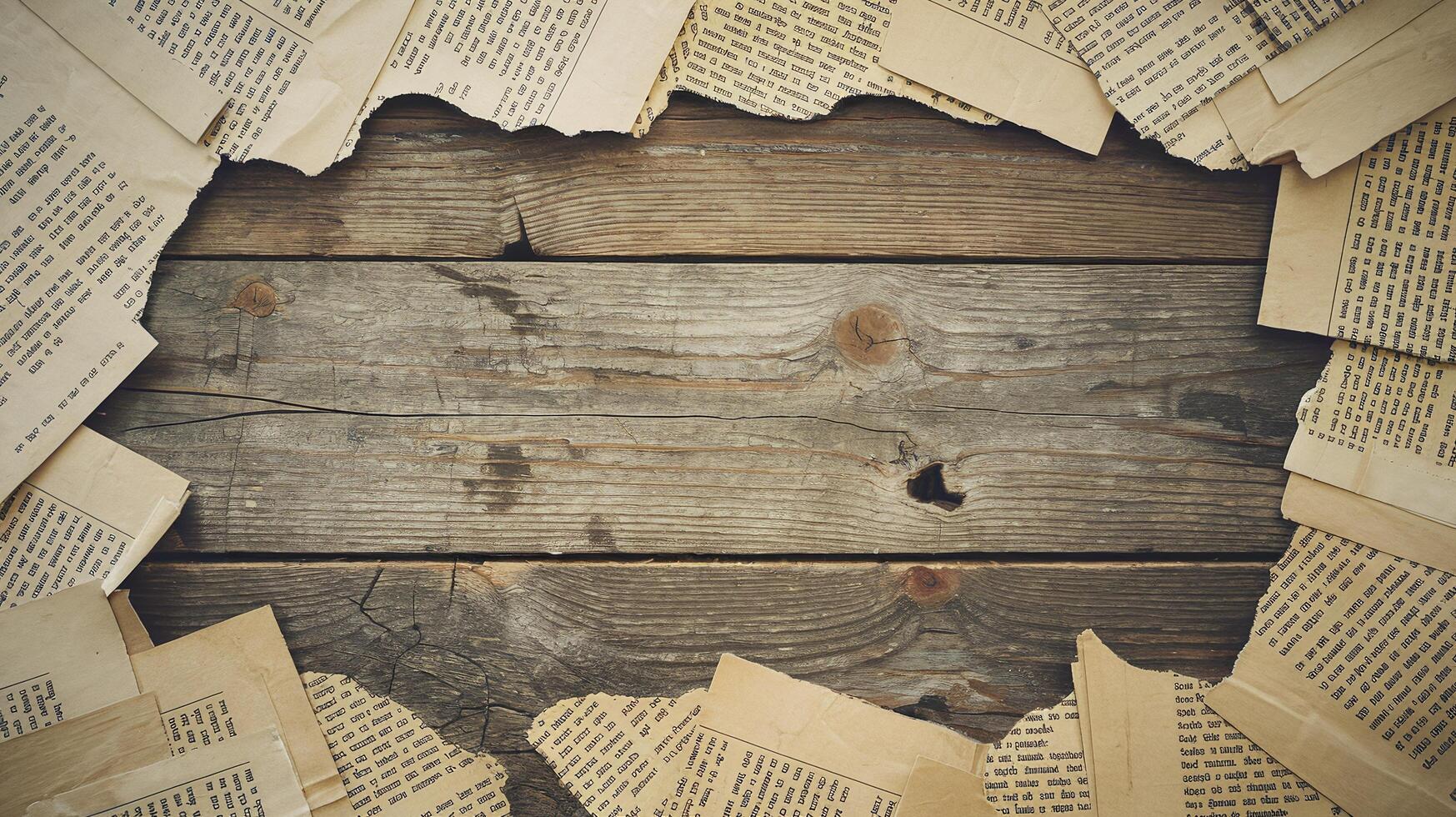Vintage Torn Book Pages Framing Rustic Wooden Surface Background for Creative Design Ideas photo