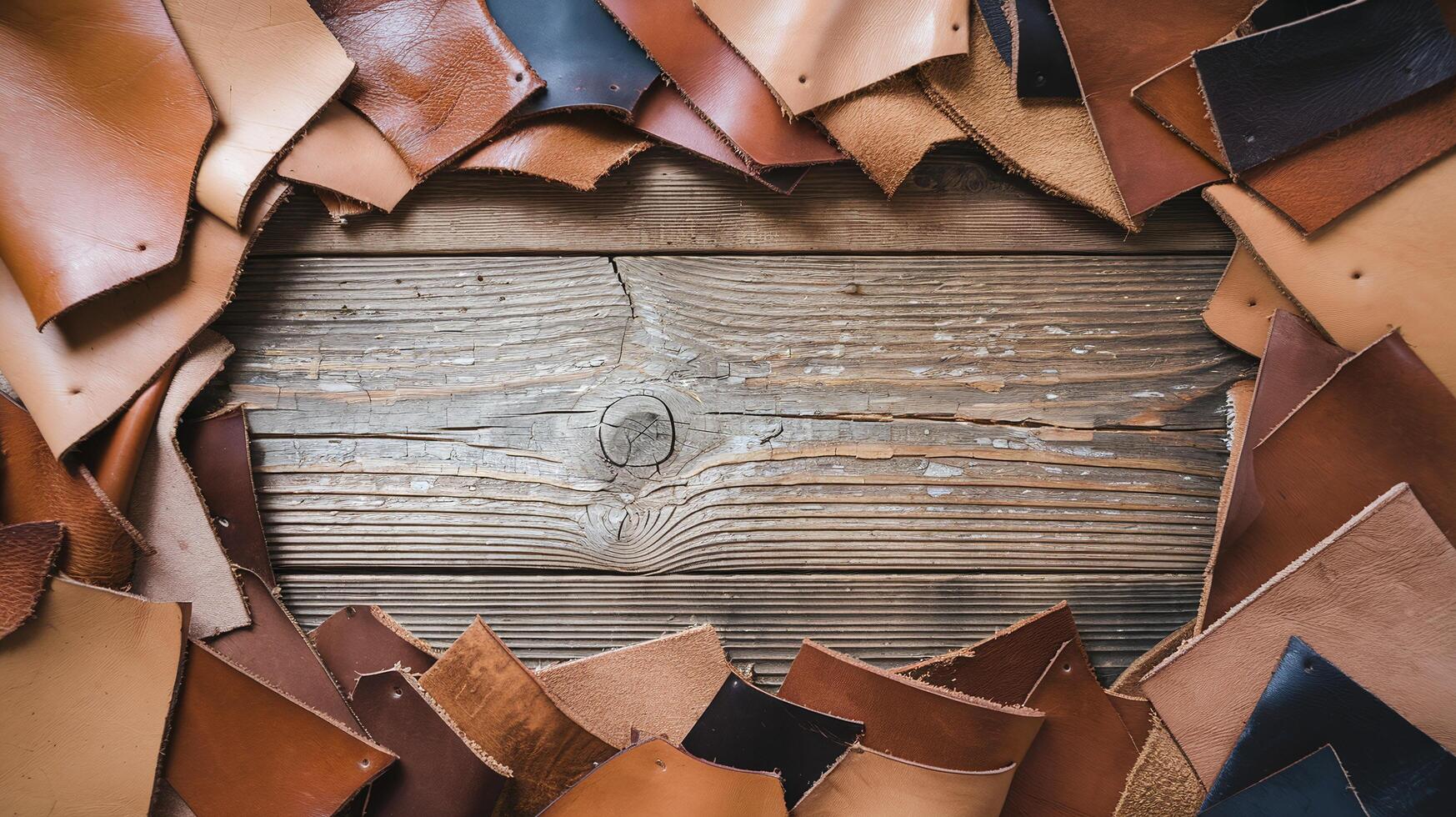 Variety of Brown and Tan Leather Scraps Arranged on Rustic Wooden Surface for Crafting Concepts photo