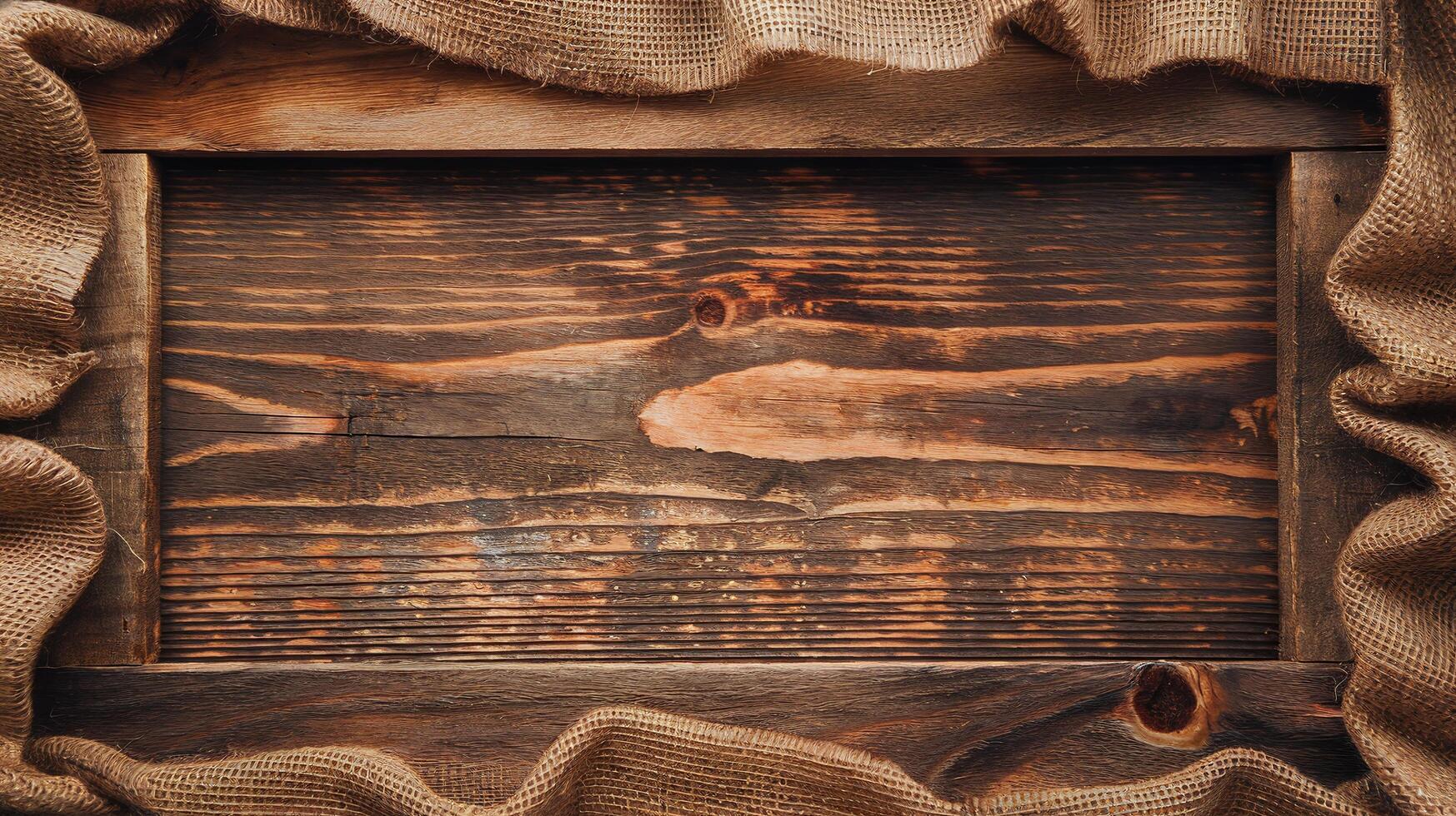 Rustic Wooden Background with Burlap Fabric Frame for Natural Vintage Design or Text Overlay photo