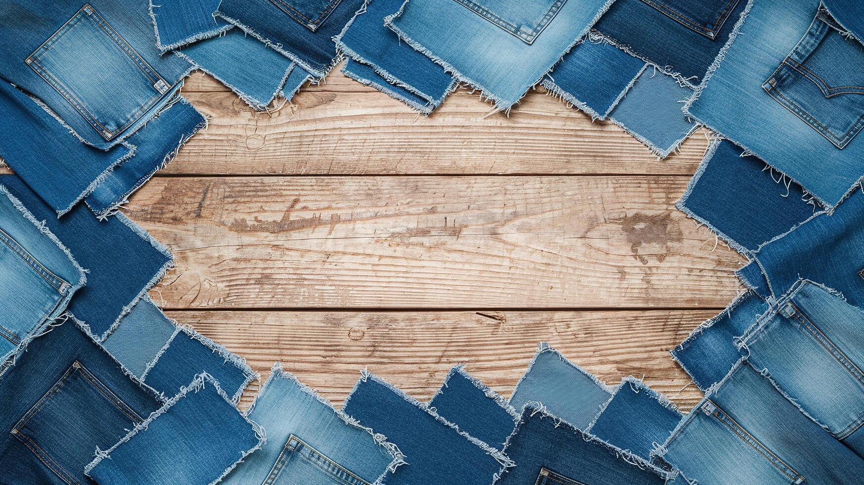 Blue Denim Patchwork Frame with Frayed Edges on Rustic Wooden Background for Fashion or Craft Themes photo