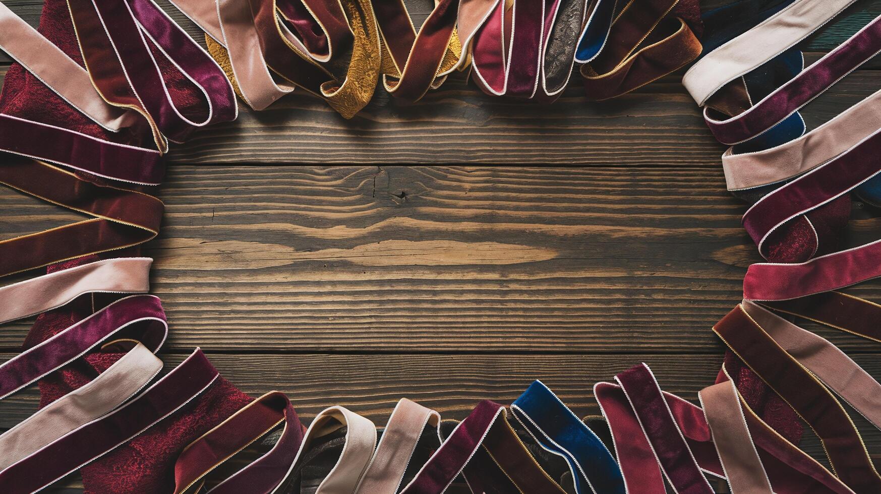 Velvet Ribbon Arrangement on Rustic Wooden Background with Empty Center for Copy Space photo