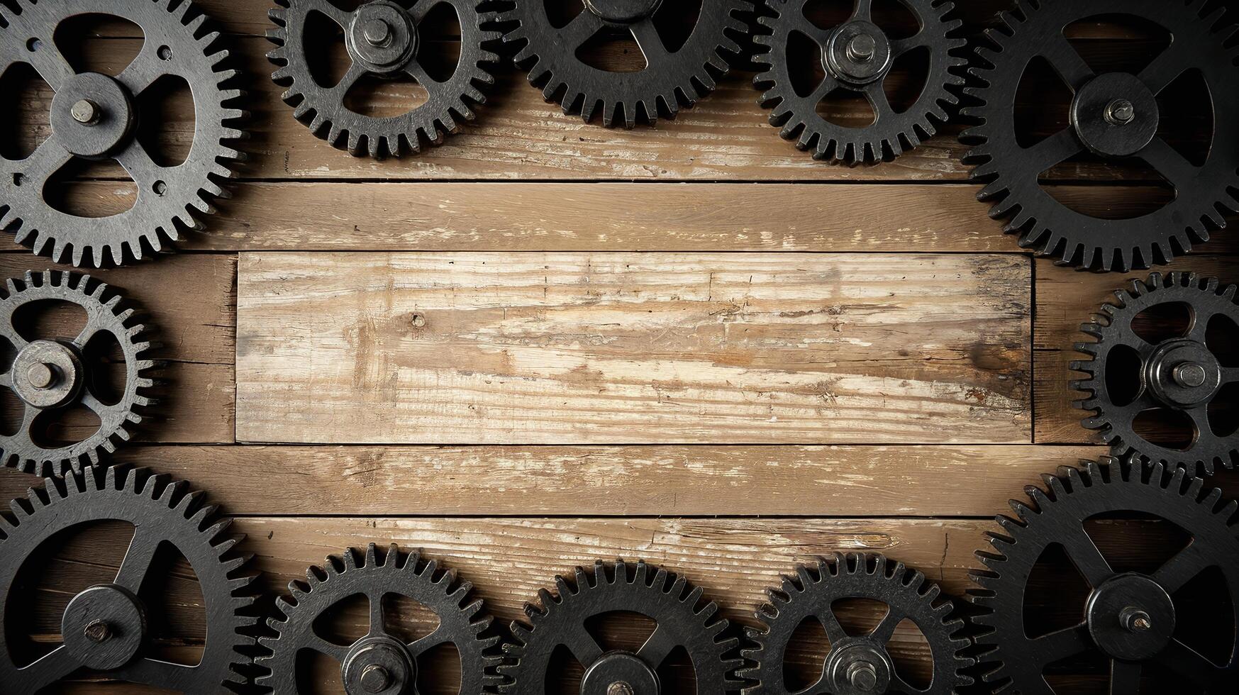 Black Gear Wheels on Rustic Wooden Background Representing Teamwork and Mechanical Concepts photo