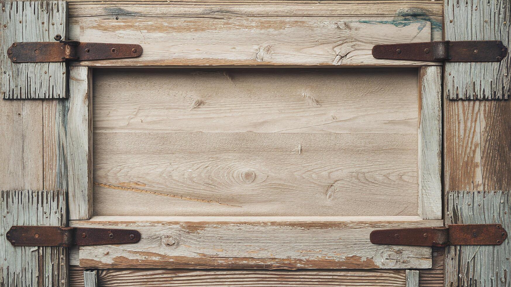 Closeup of Rustic Wooden Window Frame with Weathered Hinges and Faded Paint in Vintage Style Design photo