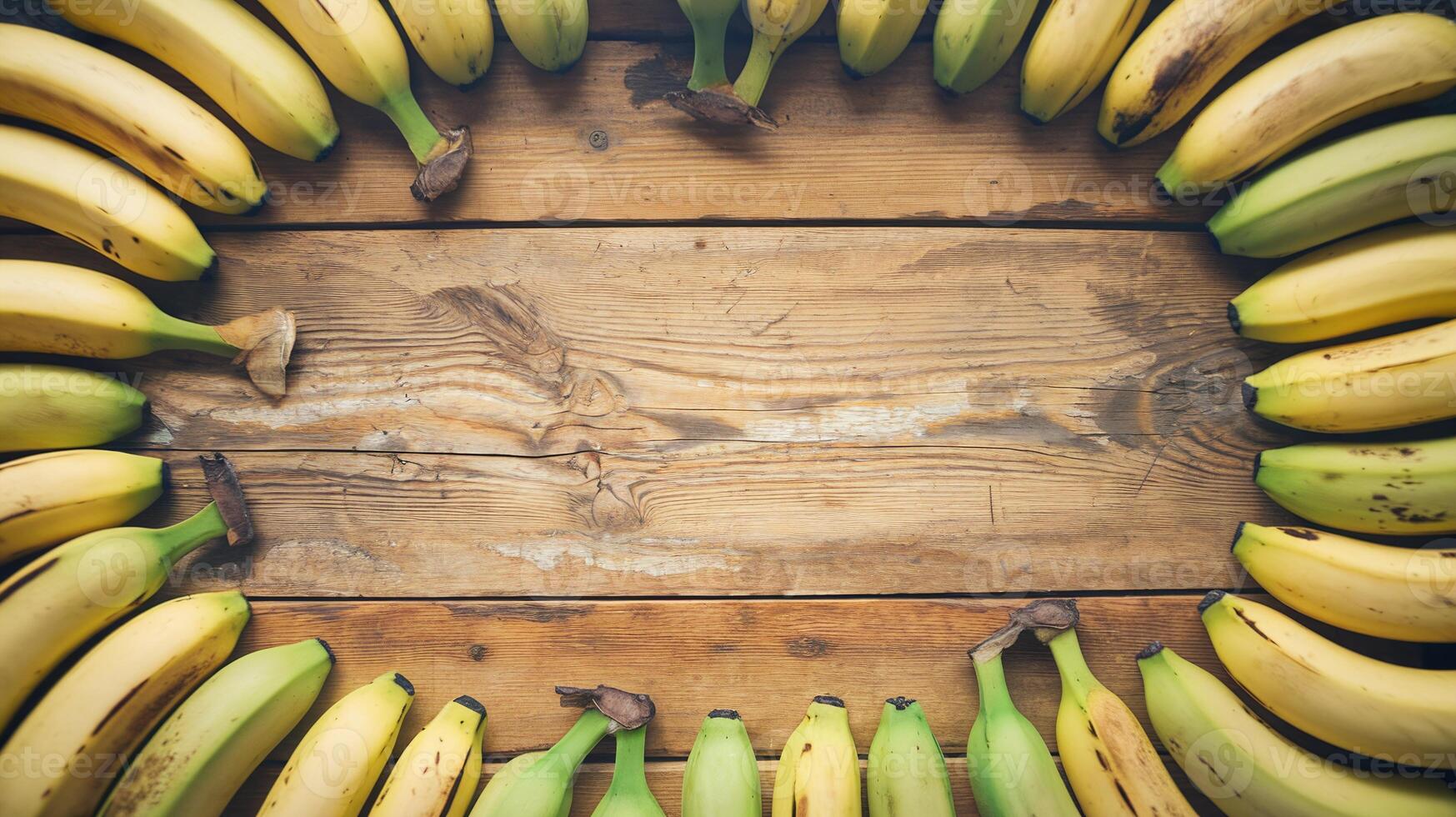 Ripe Yellow and Green Bananas Forming Frame Around Rustic Wooden Background for Healthy Food Concept photo