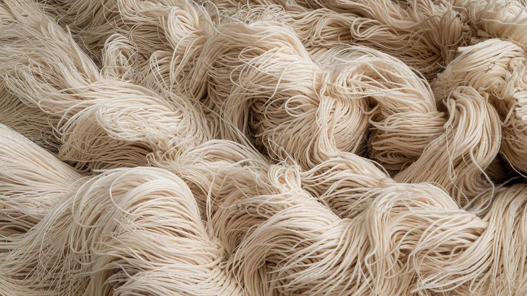 Closeup View of Tangled Cream Colored Yarn Fibers Representing Crafting and Textile Design Background photo