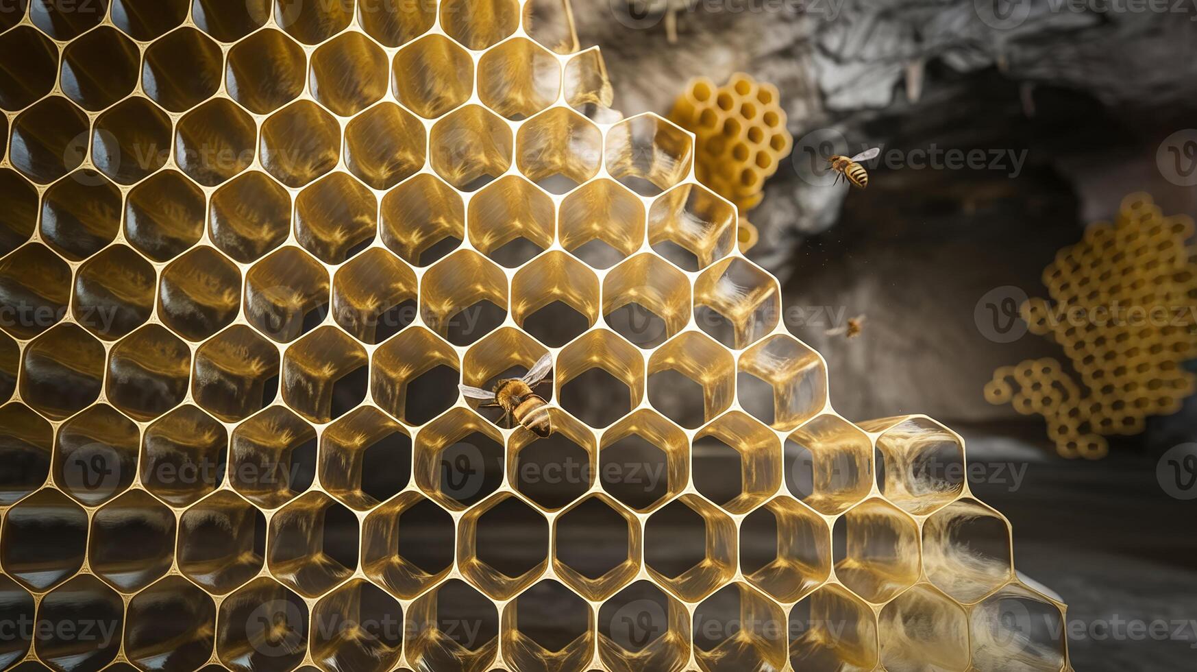 Close Up of Golden Honeycomb with Bees in Natural Cave Environment Representing Nature and Productivity photo