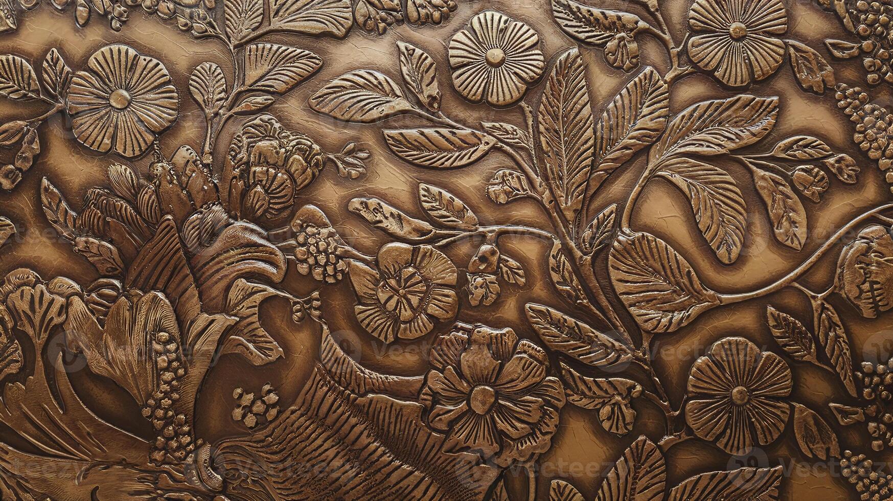 Ornate Embossed Floral Pattern Design on Bronze Textured Metal Surface Closeup with Detailed Flowers photo