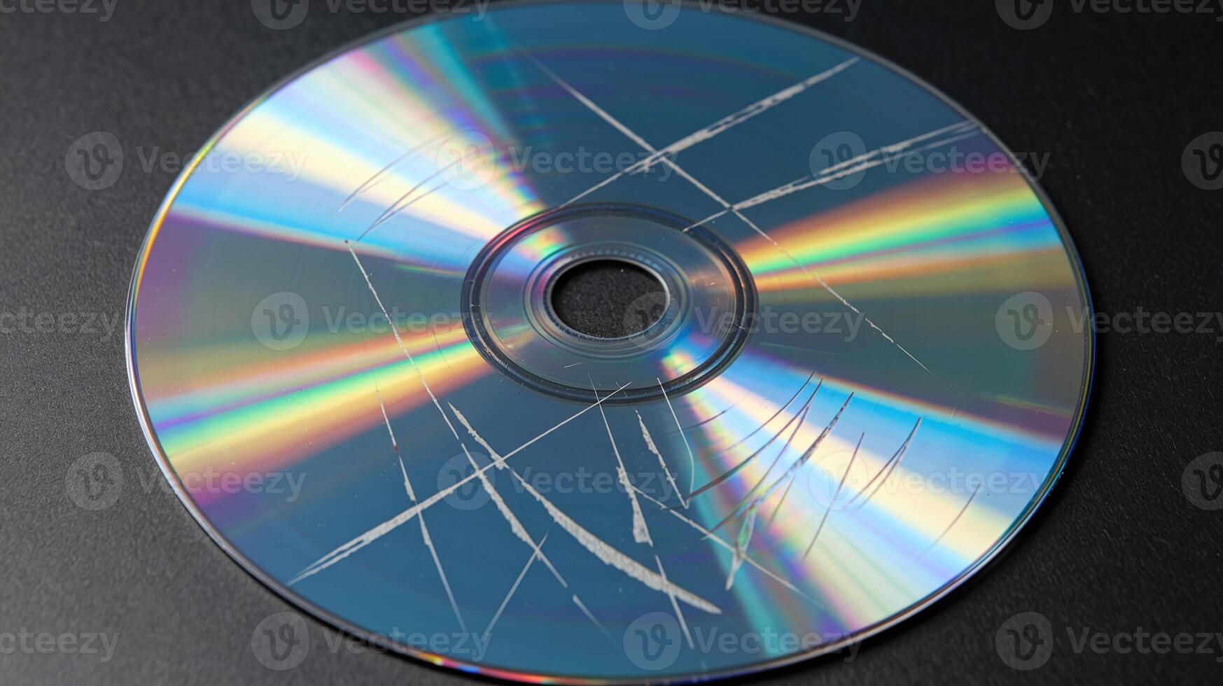Scratched Compact Disc with Reflective Surface on Dark Background Showing Data Damage Concept photo