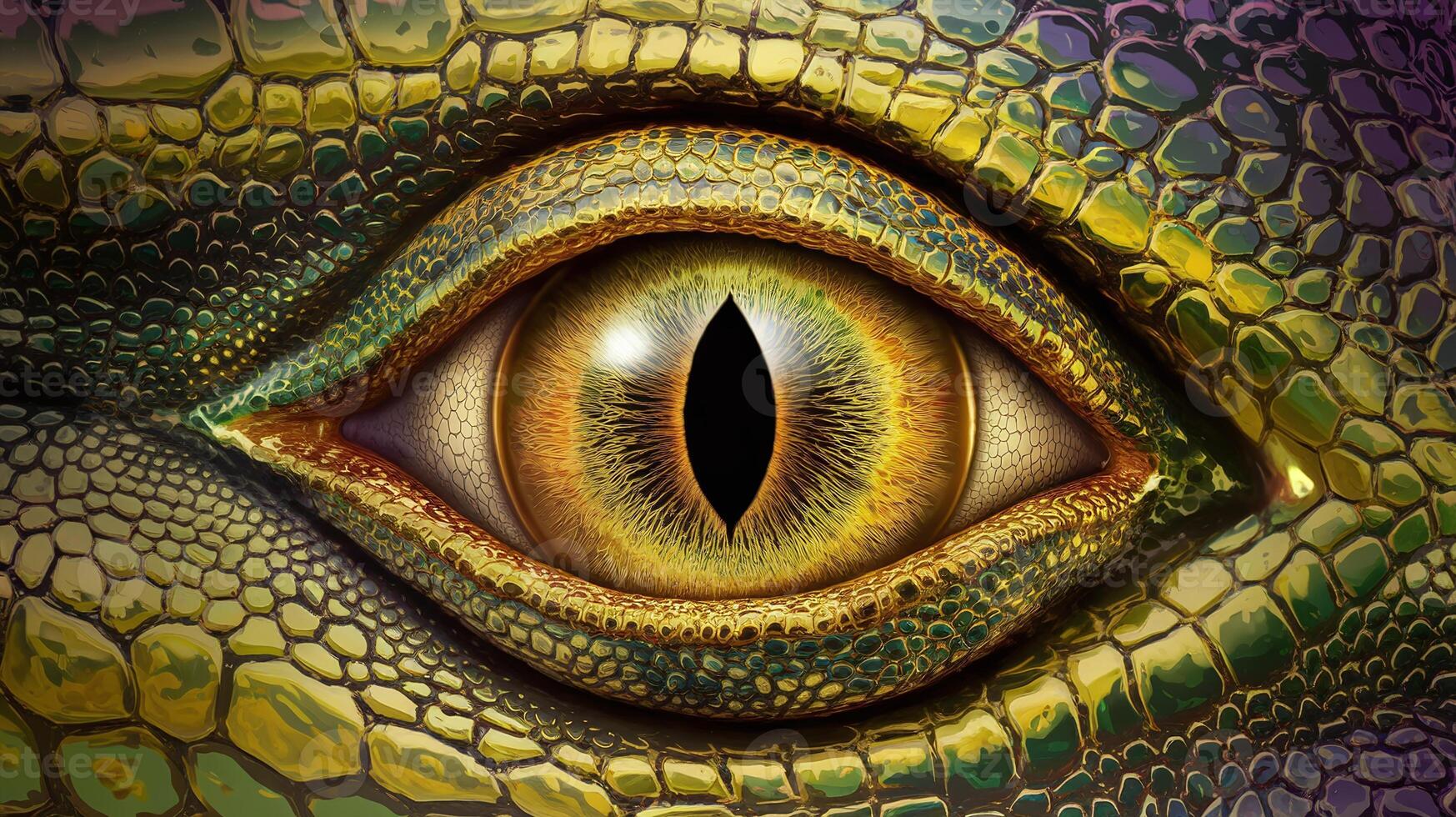 Close Up of Lizard Eye with Vibrant Green and Yellow Scaly Skin Representing Reptile Wildlife photo