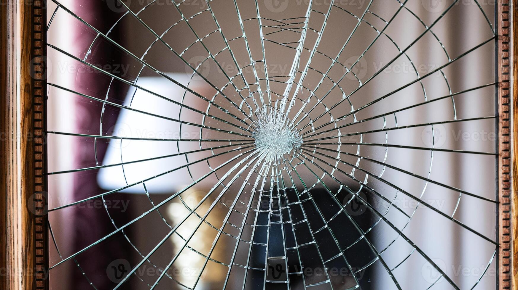 Closeup of Shattered Mirror with Spiderweb Cracks Reflecting Indoor Scene and Soft Lighting photo