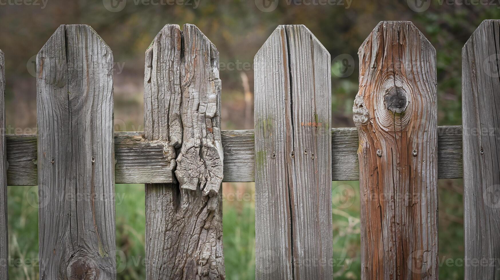 Closeup of Weathered Wooden Fence with Rustic Texture in Natural Outdoor Setting with Greenery in Background photo