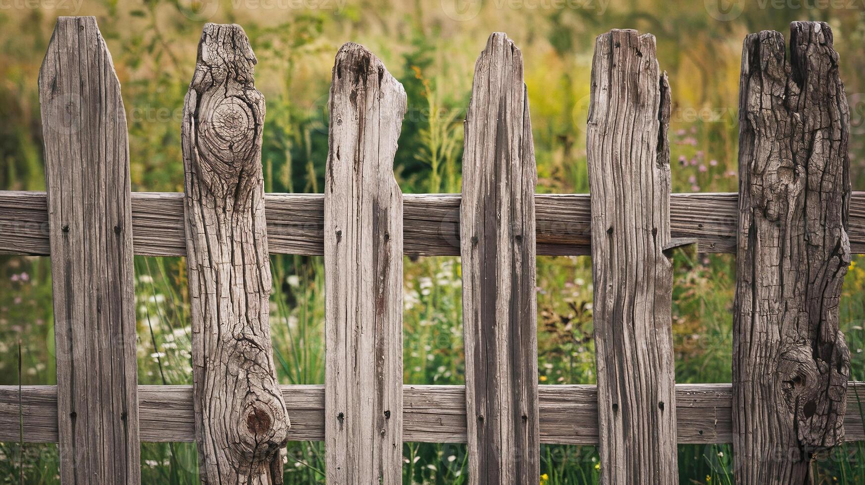 Old Rustic Wooden Fence with Weathered Planks in Overgrown Meadow Grassy Field Background photo