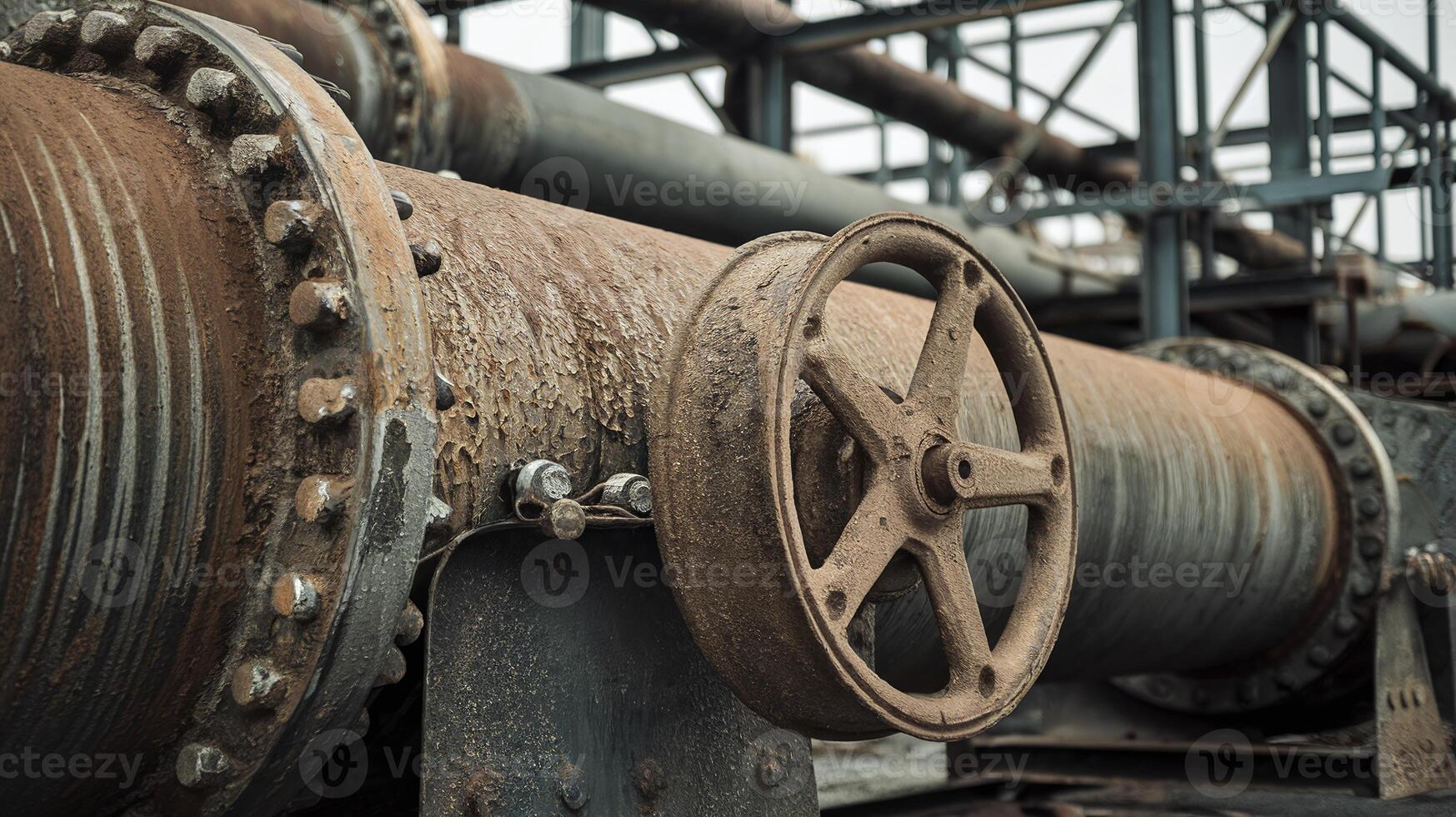 Rusty Industrial Pipes with Metal Valve in Weathered Factory Setting Highlighting Decay and Aging Machinery photo