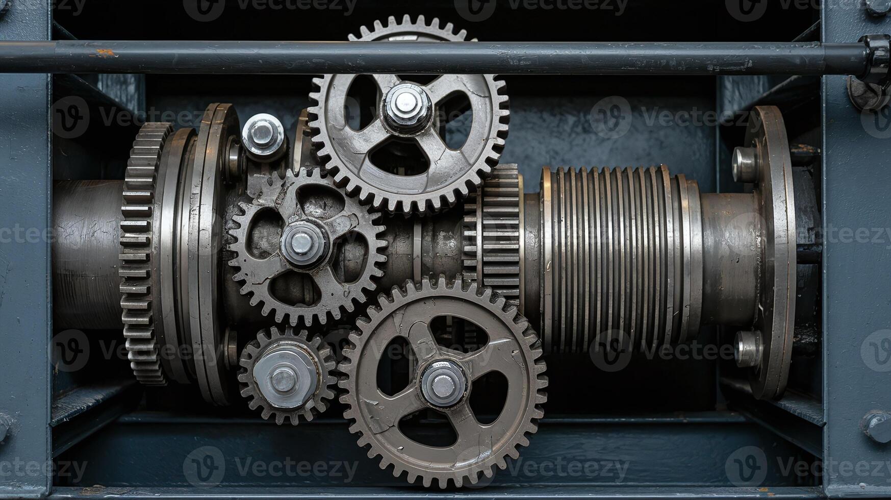 Closeup of Interlocking Industrial Metal Gears in Machinery with Steel Components and Dark Background photo