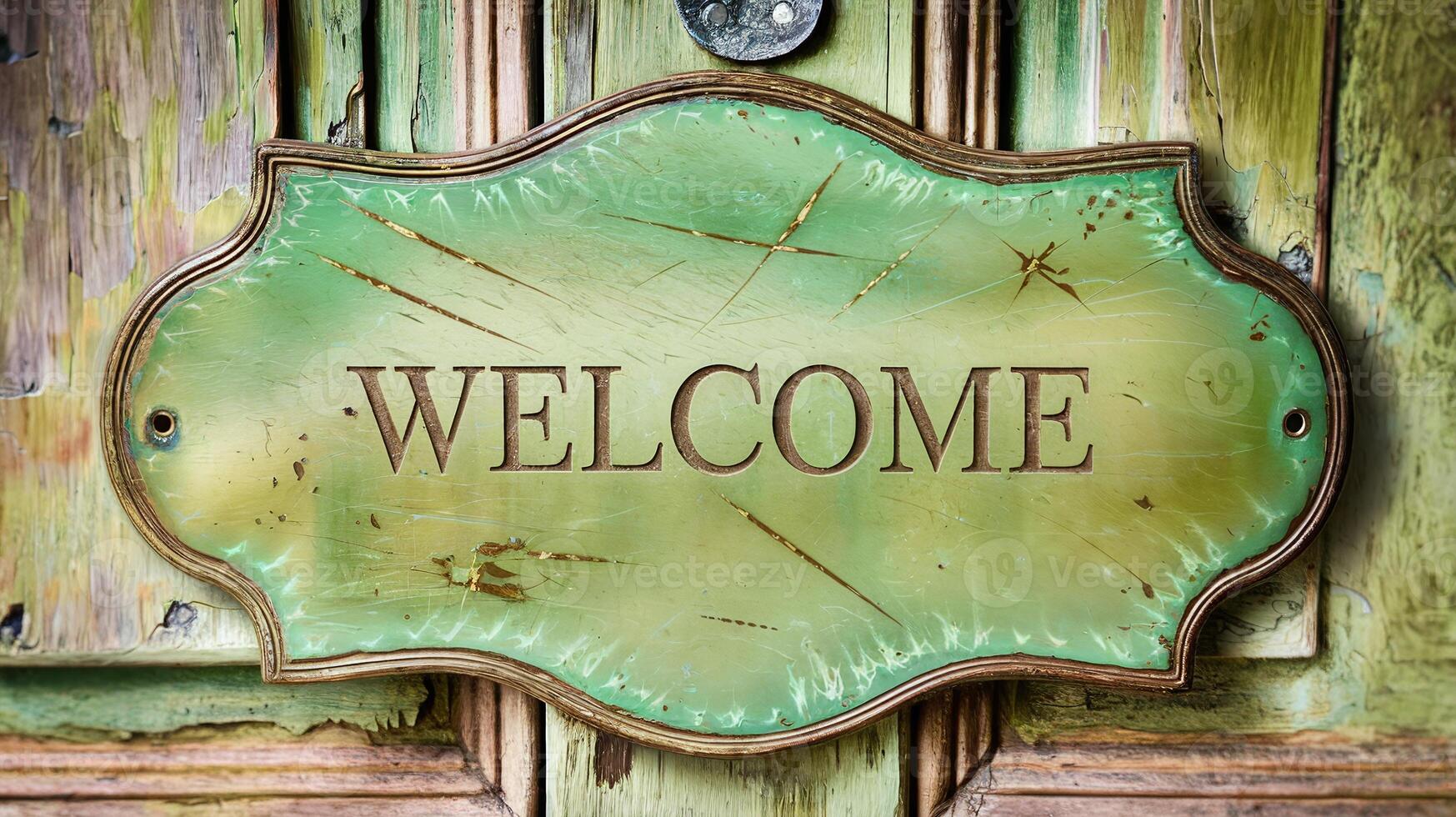 Vintage Green Welcome Sign On Rustic Wooden Door With Weathered Surface photo