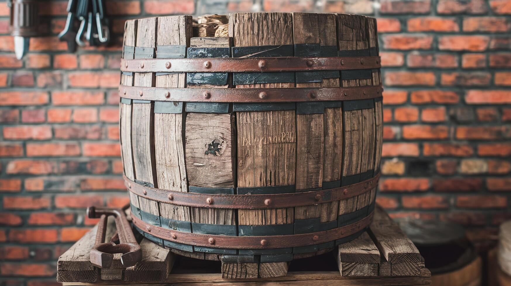 Rustic Wooden Barrel with Metal Bands in Brick Wall Workshop Setting for Vintage Storage photo