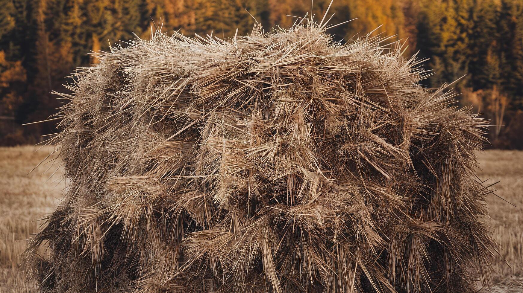 Large hay bale on harvested golden field with forest trees in autumn background for farming concept photo